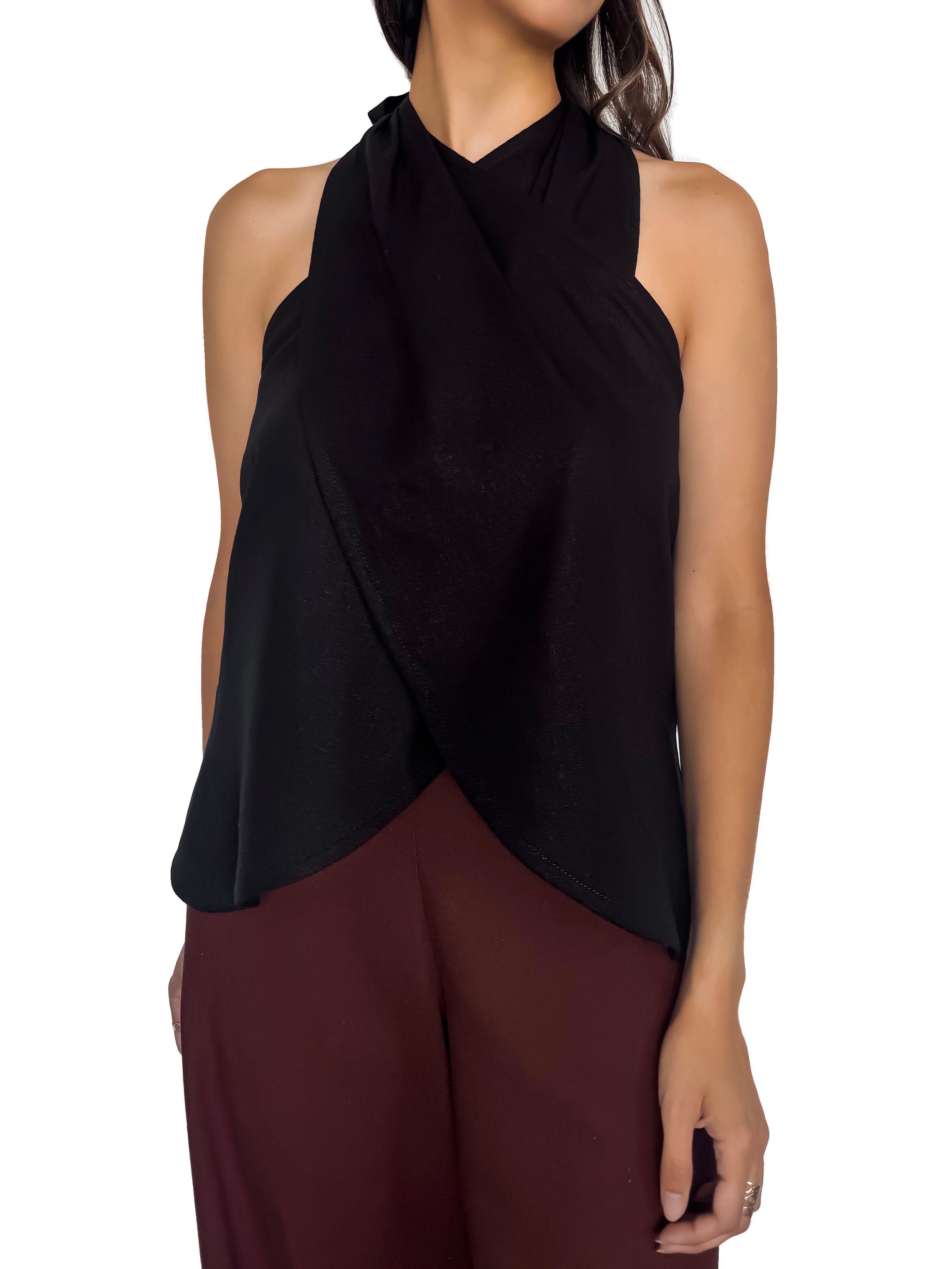 Top halter cruzado negro de lino y algodón para mujer - Tómame Sentido-2