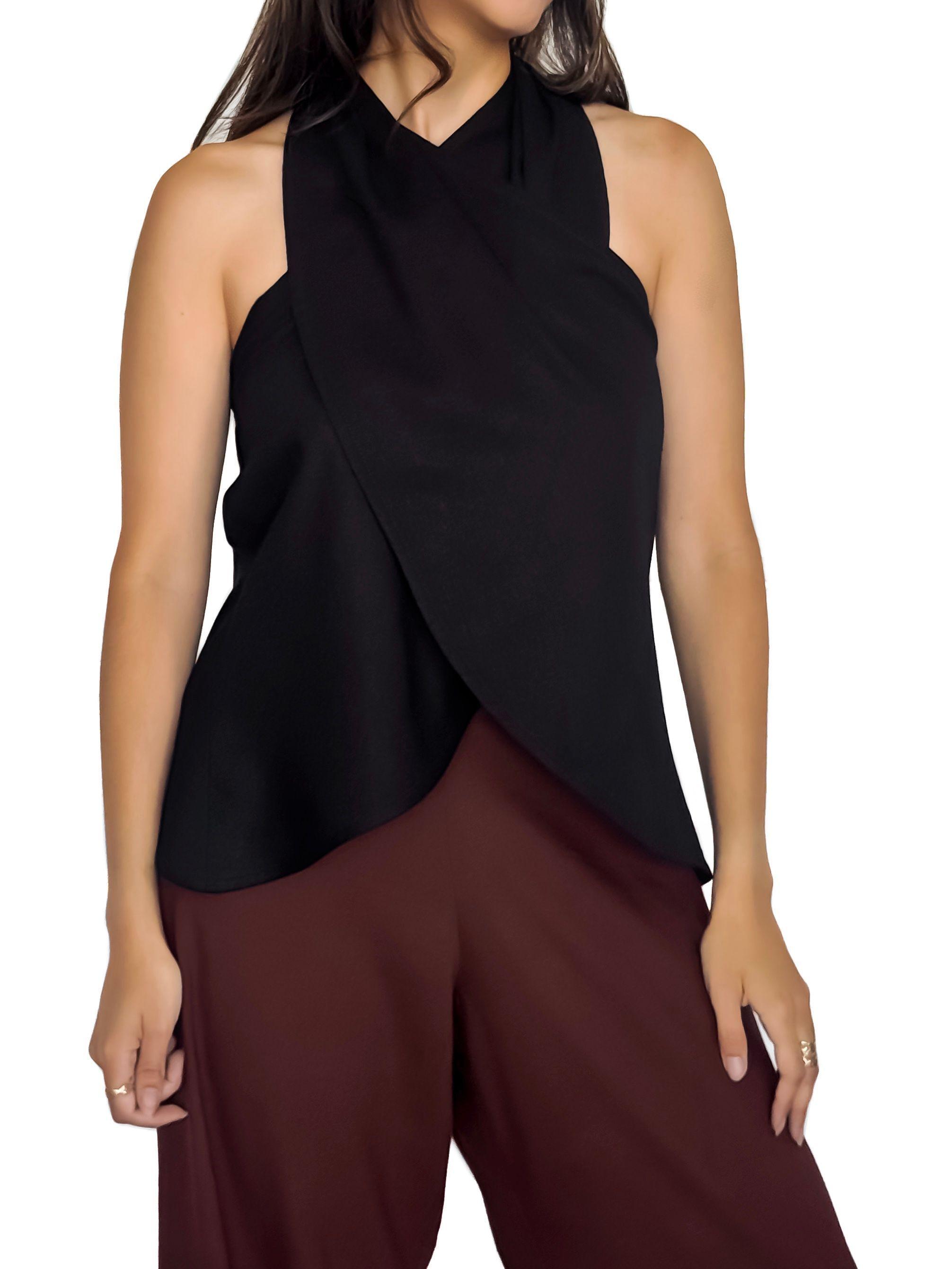 Top halter cruzado negro de lino y algodón para mujer - Tómame Sentido-4