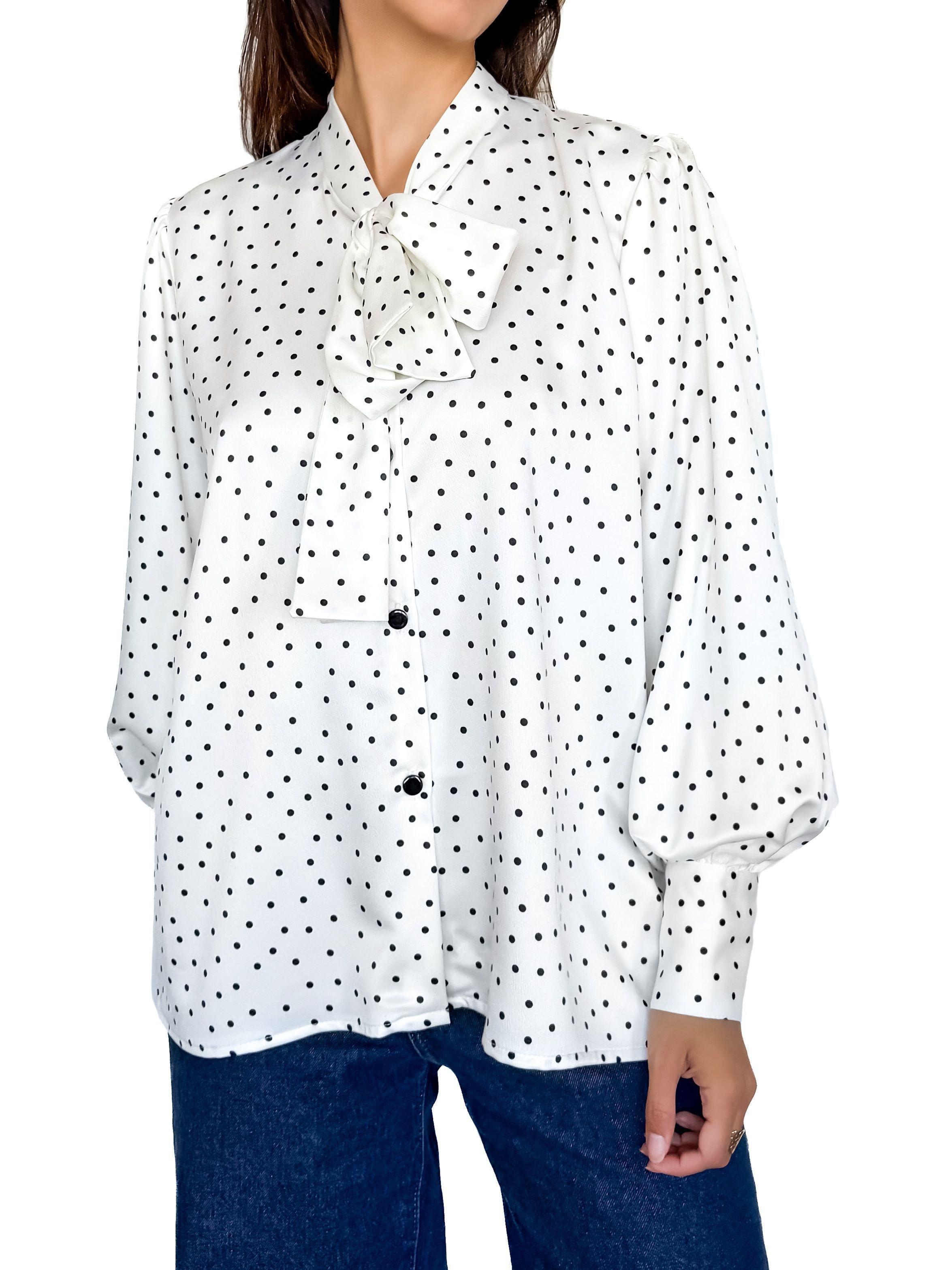 Blusa blanca con puntos negros y lazo para mujer - Tómame Sentido-1