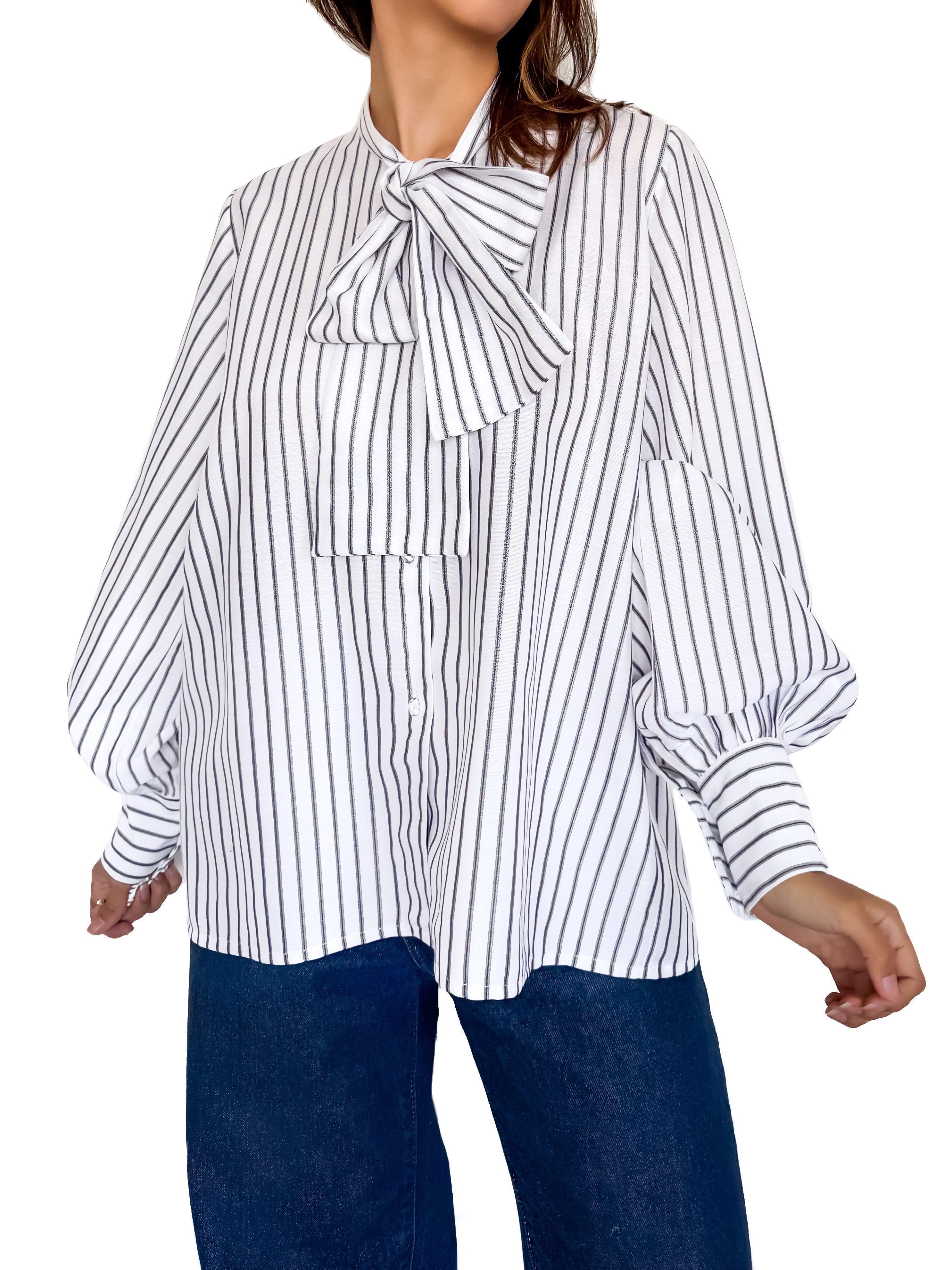 Blusa blanca de rayas con lazo en el cuello para mujer - Tómame Sentido-0