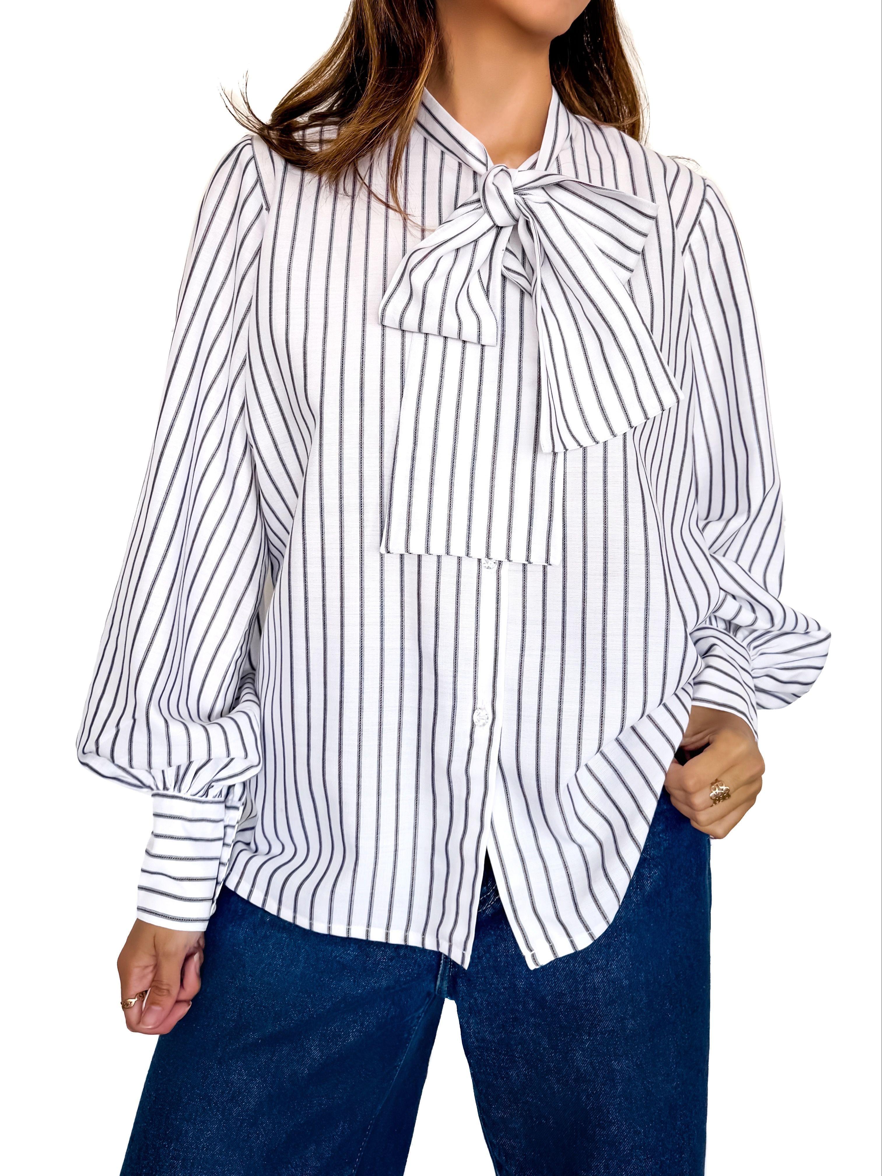 Blusa blanca de rayas con lazo en el cuello para mujer - Tómame Sentido-1