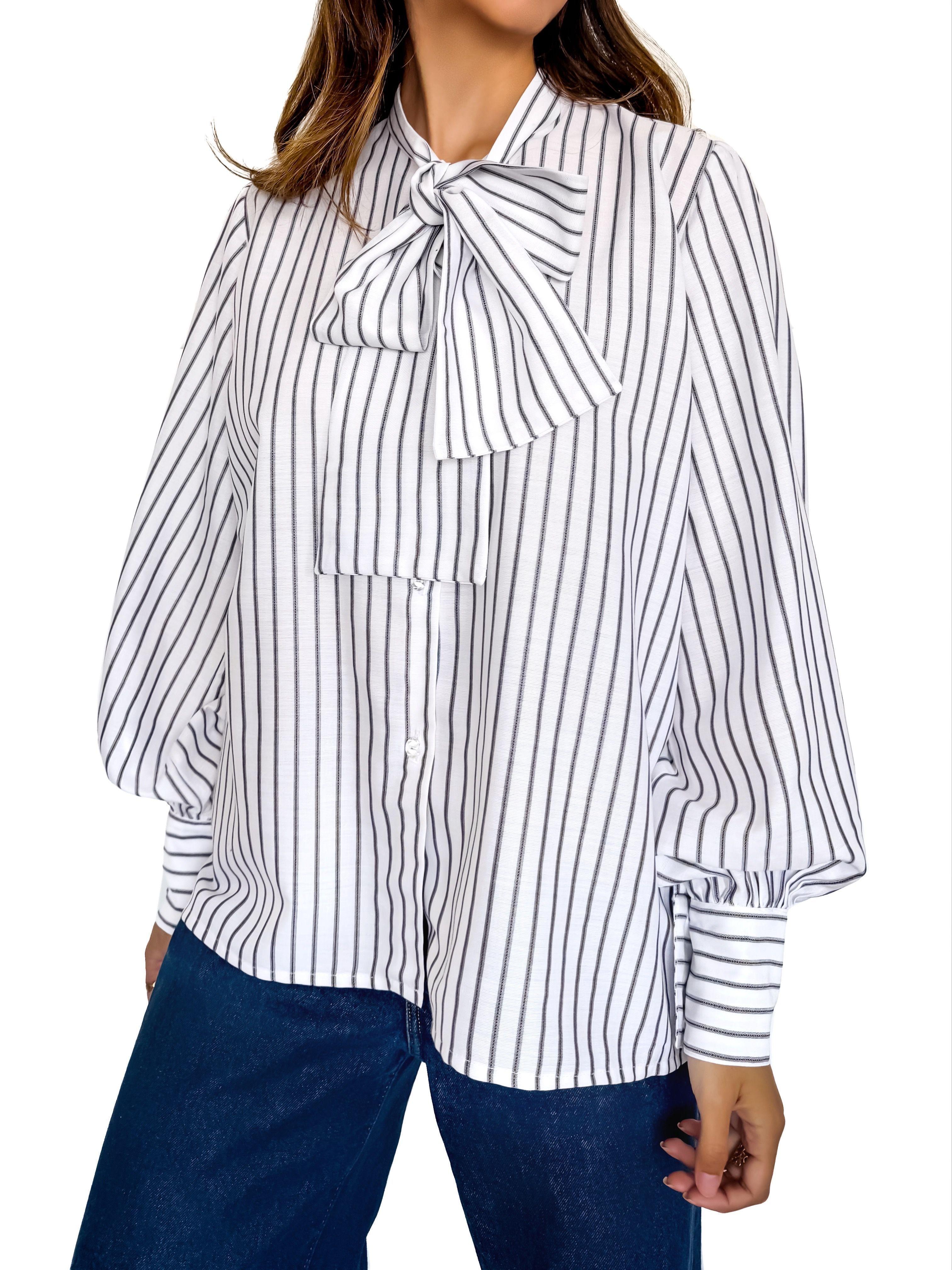 Blusa blanca de rayas con lazo en el cuello para mujer - Tómame Sentido-3