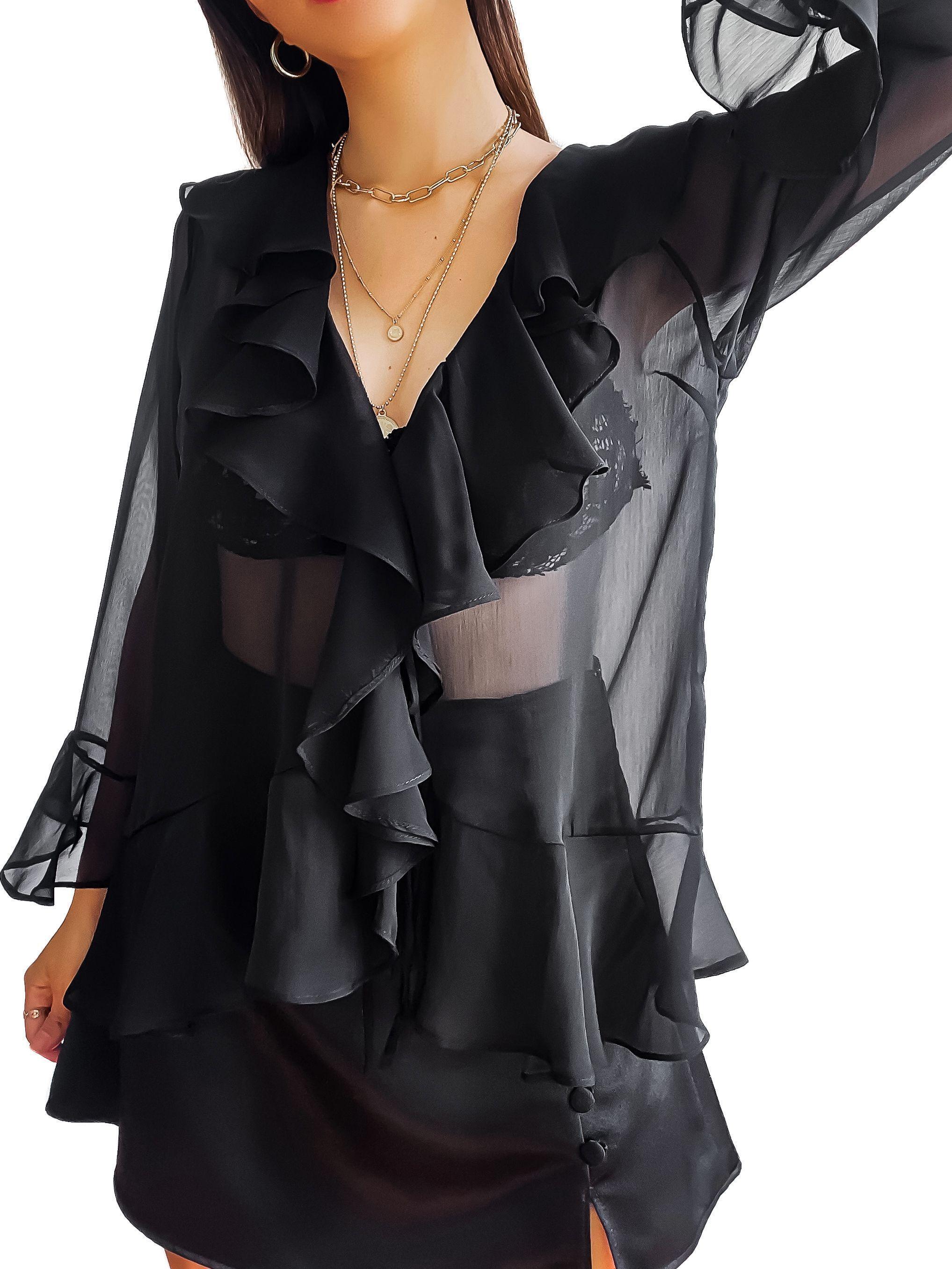 Blusa negra de gasa transparente con volantes para mujer - Tómame Sentido-2
