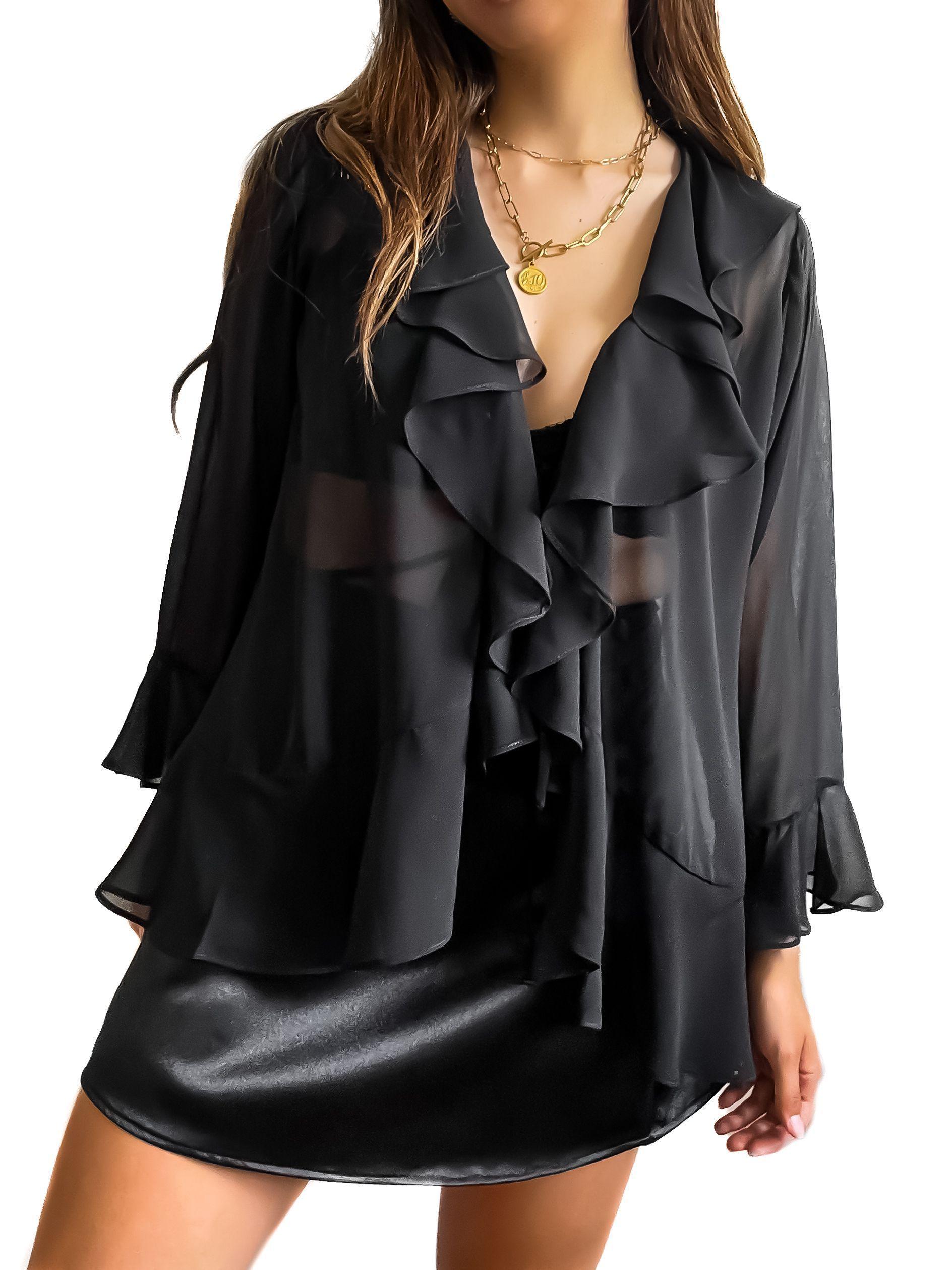 Blusa negra de gasa transparente con volantes para mujer - Tómame Sentido-3
