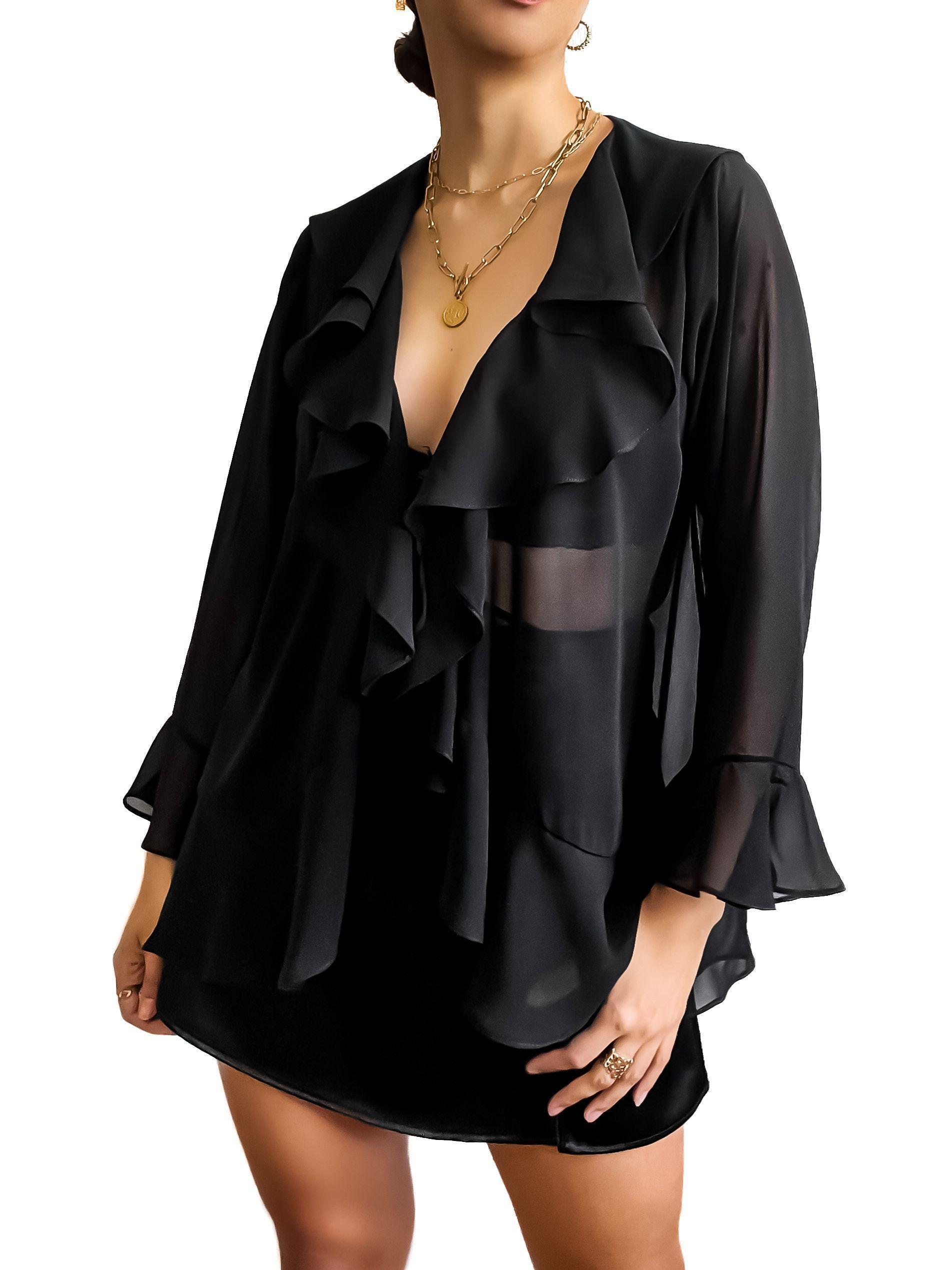 Blusa negra de gasa transparente con volantes para mujer - Tómame Sentido-5