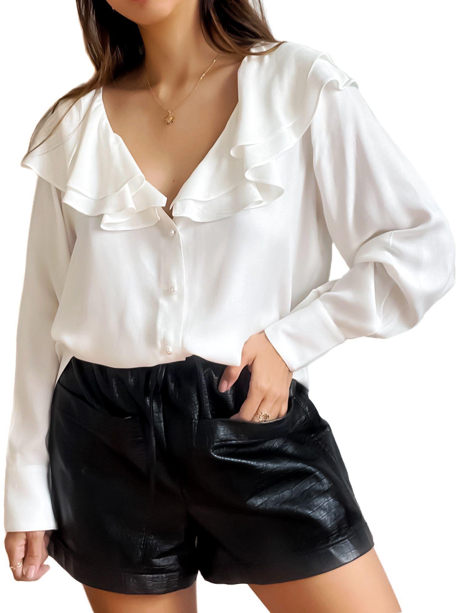 Blusa ecru de rayón con volantes en escote para mujer - Tómame Sentido-3