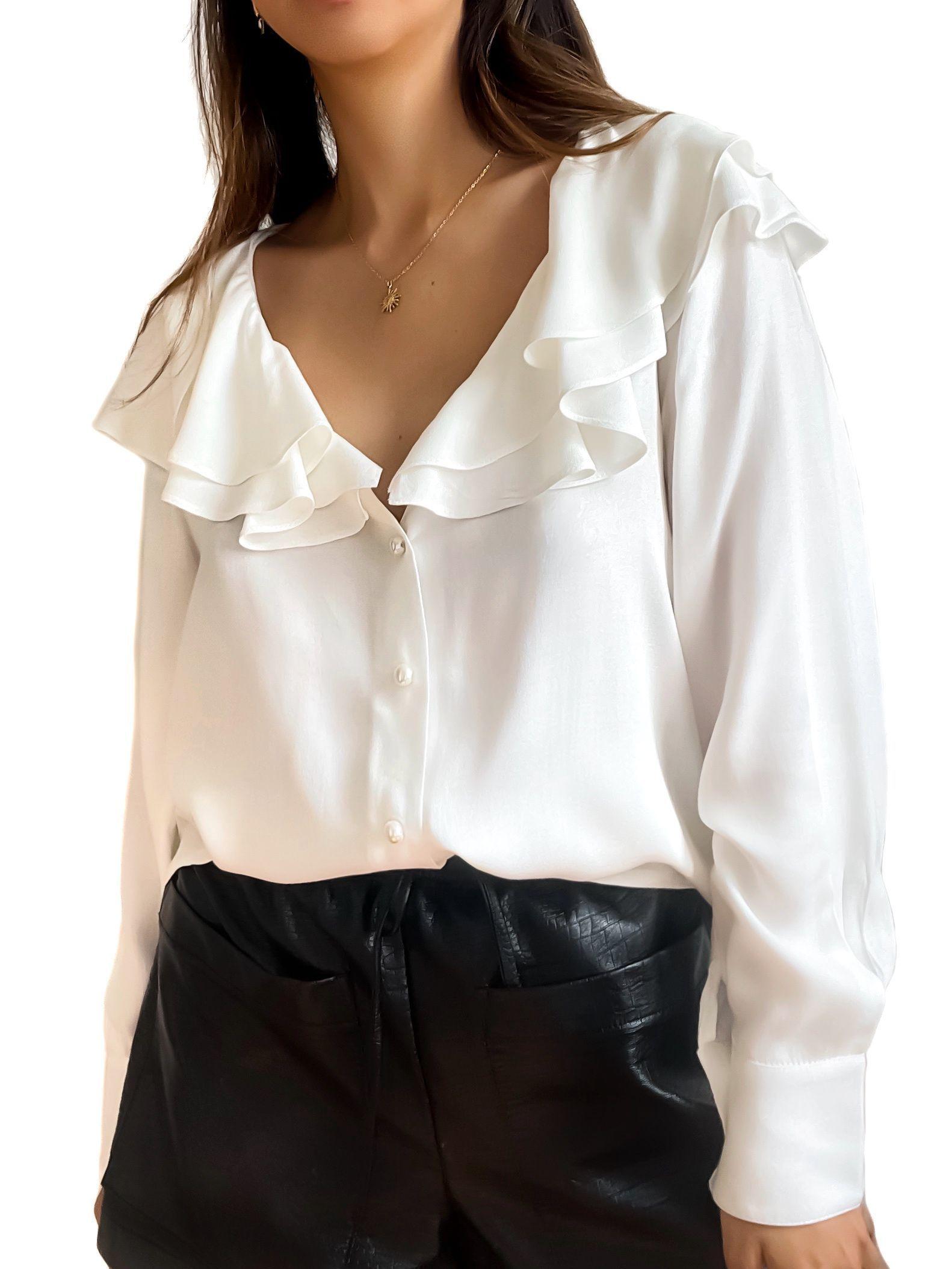 Blusa ecru de rayón con volantes en escote para mujer - Tómame Sentido-4