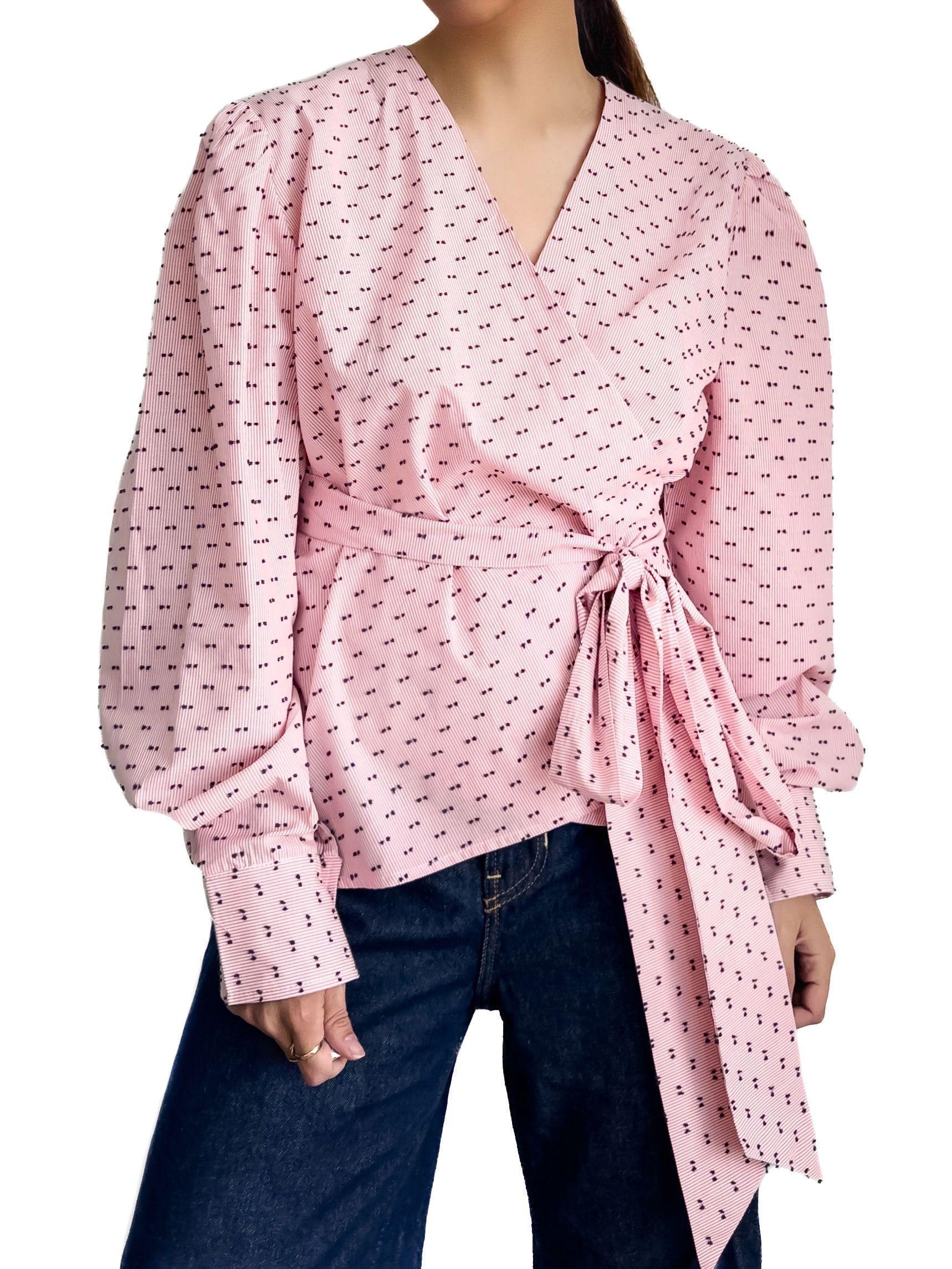 Blusa rosa cruzada de algodón con puntos bordados para mujer - Tómame Sentido-0