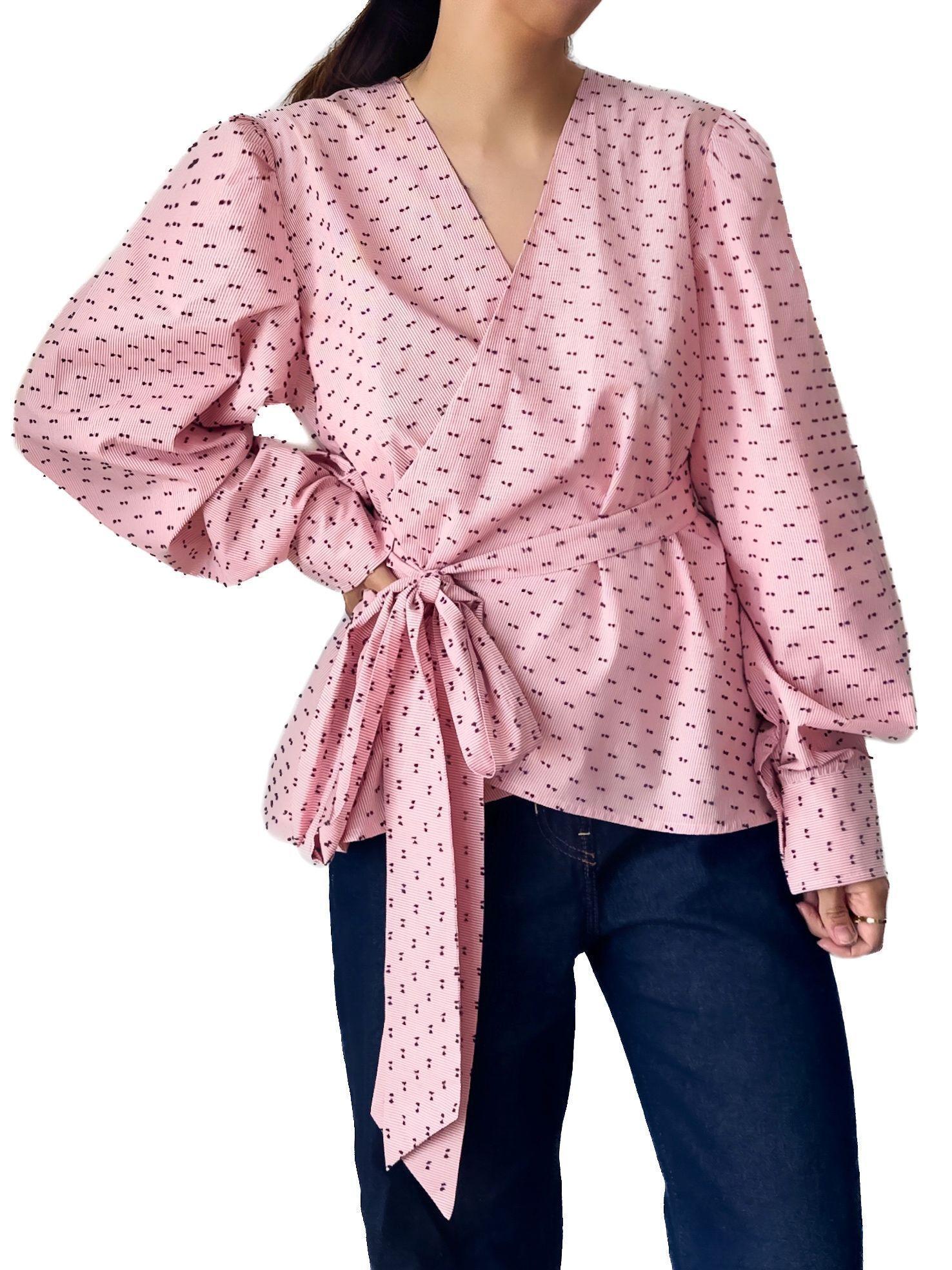 Blusa rosa cruzada de algodón con puntos bordados para mujer - Tómame Sentido-1