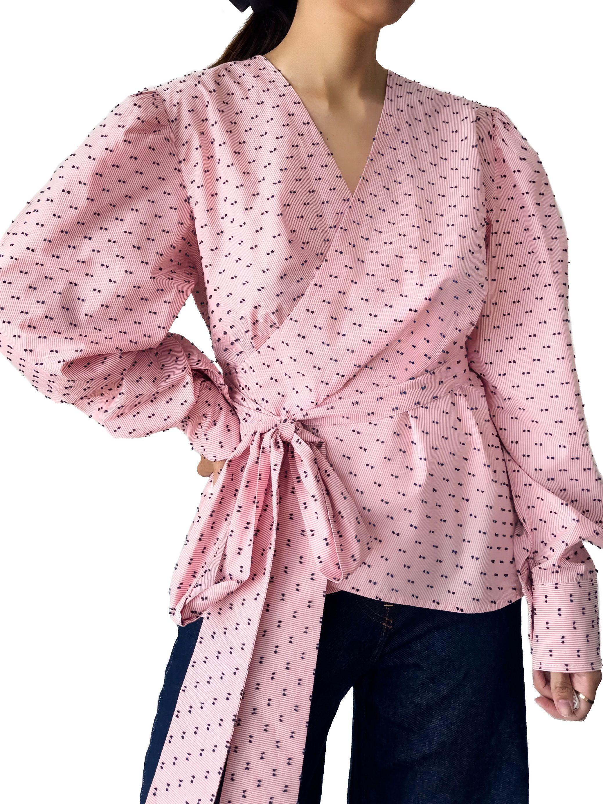 Blusa rosa cruzada de algodón con puntos bordados para mujer - Tómame Sentido-2
