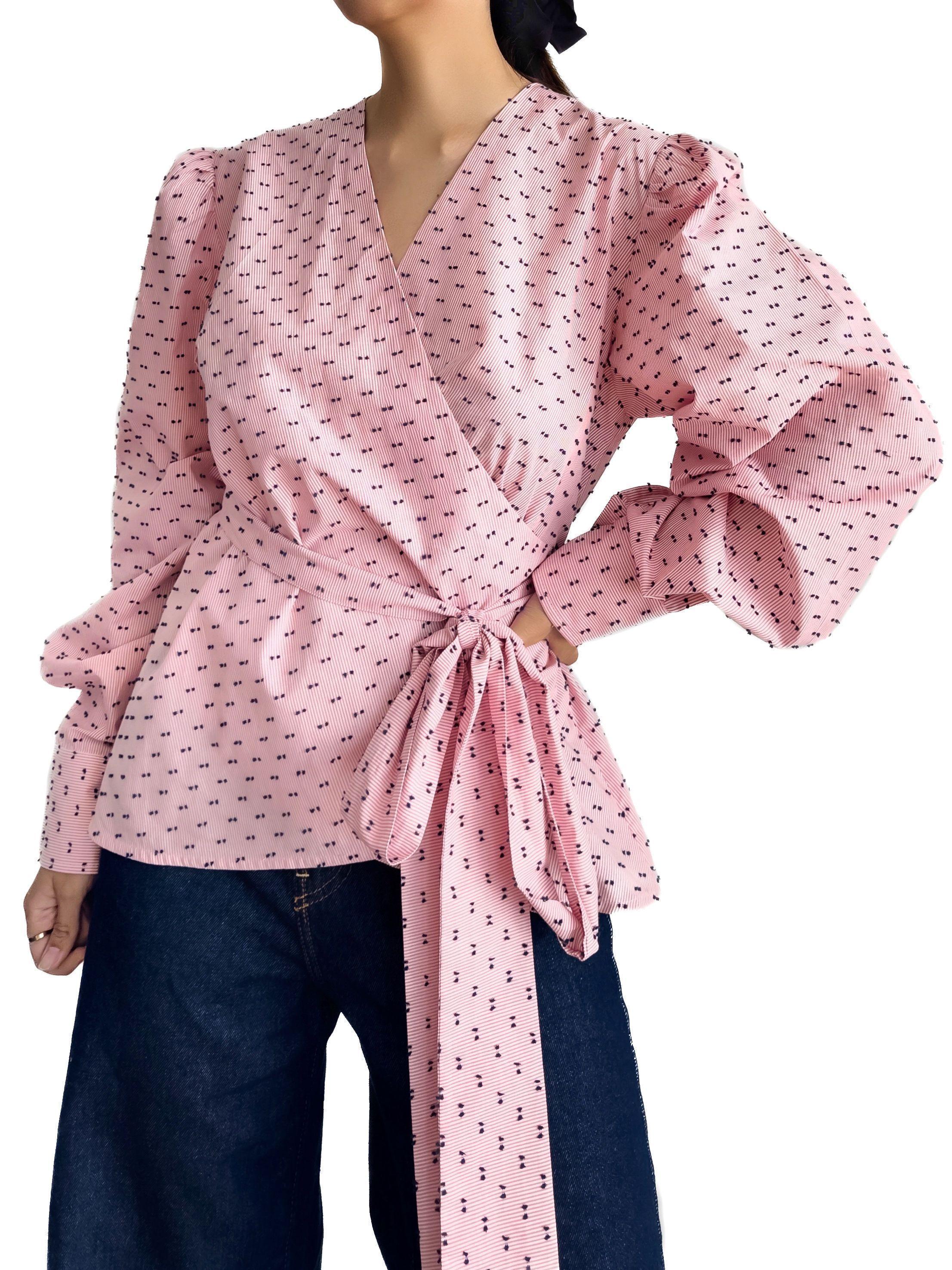 Blusa rosa cruzada de algodón con puntos bordados para mujer - Tómame Sentido-3