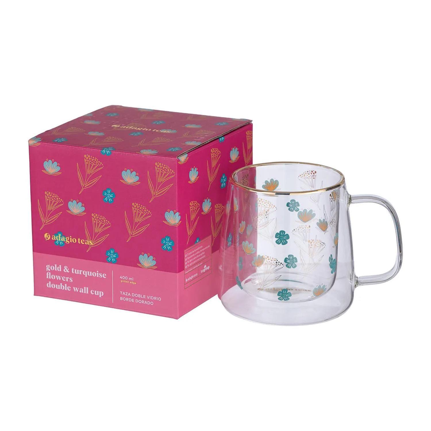 Taza Doble Vidrio Gold and Turquoise Flowers 400 ml-2