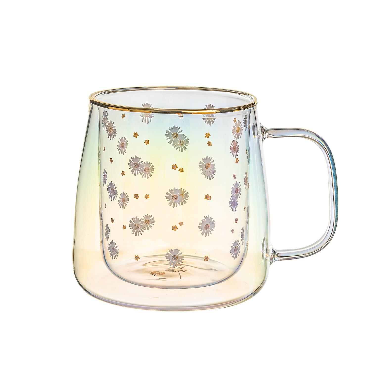 Taza Doble Vidrio White Daisies Iridescent 400 ml-0