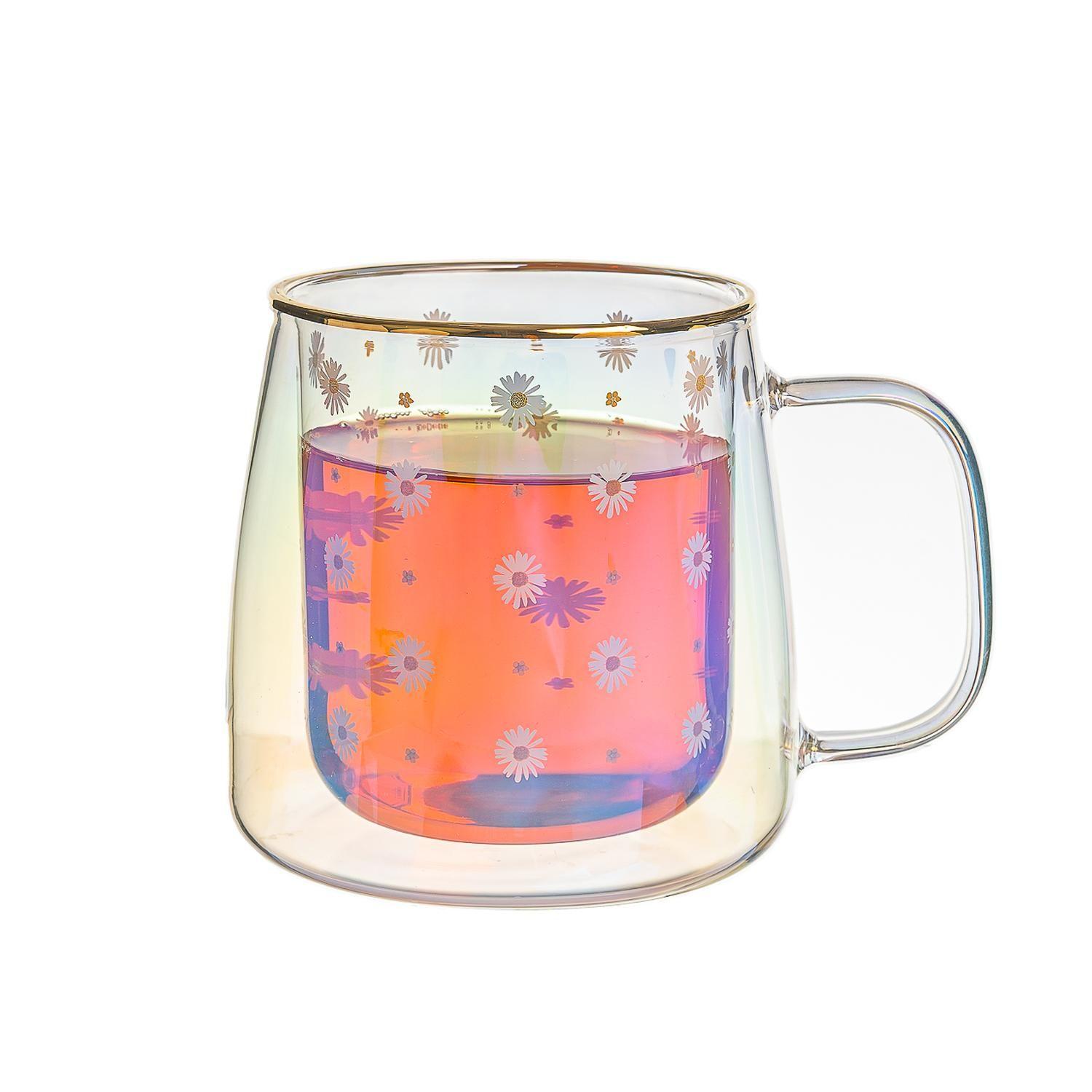 Taza Doble Vidrio White Daisies Iridescent 400 ml-1