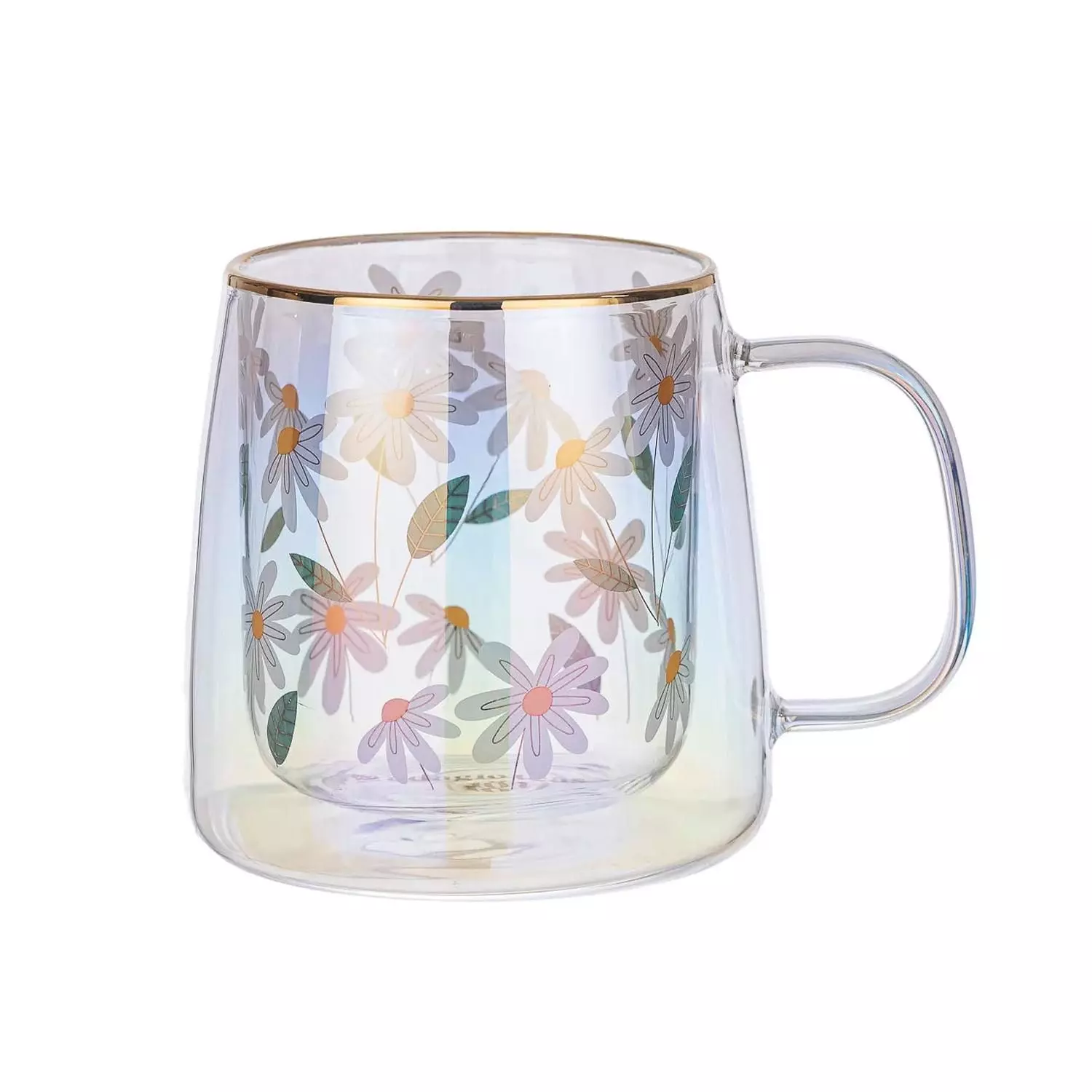 Taza Doble Vidrio Gold Flowers Green Leaves 400 ml-0