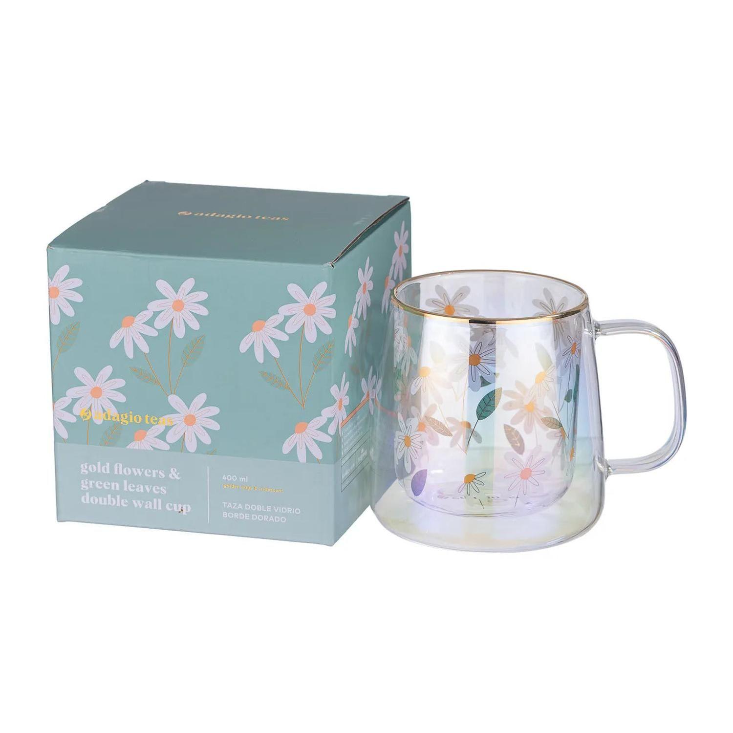 Taza Doble Vidrio Gold Flowers Green Leaves 400 ml-2