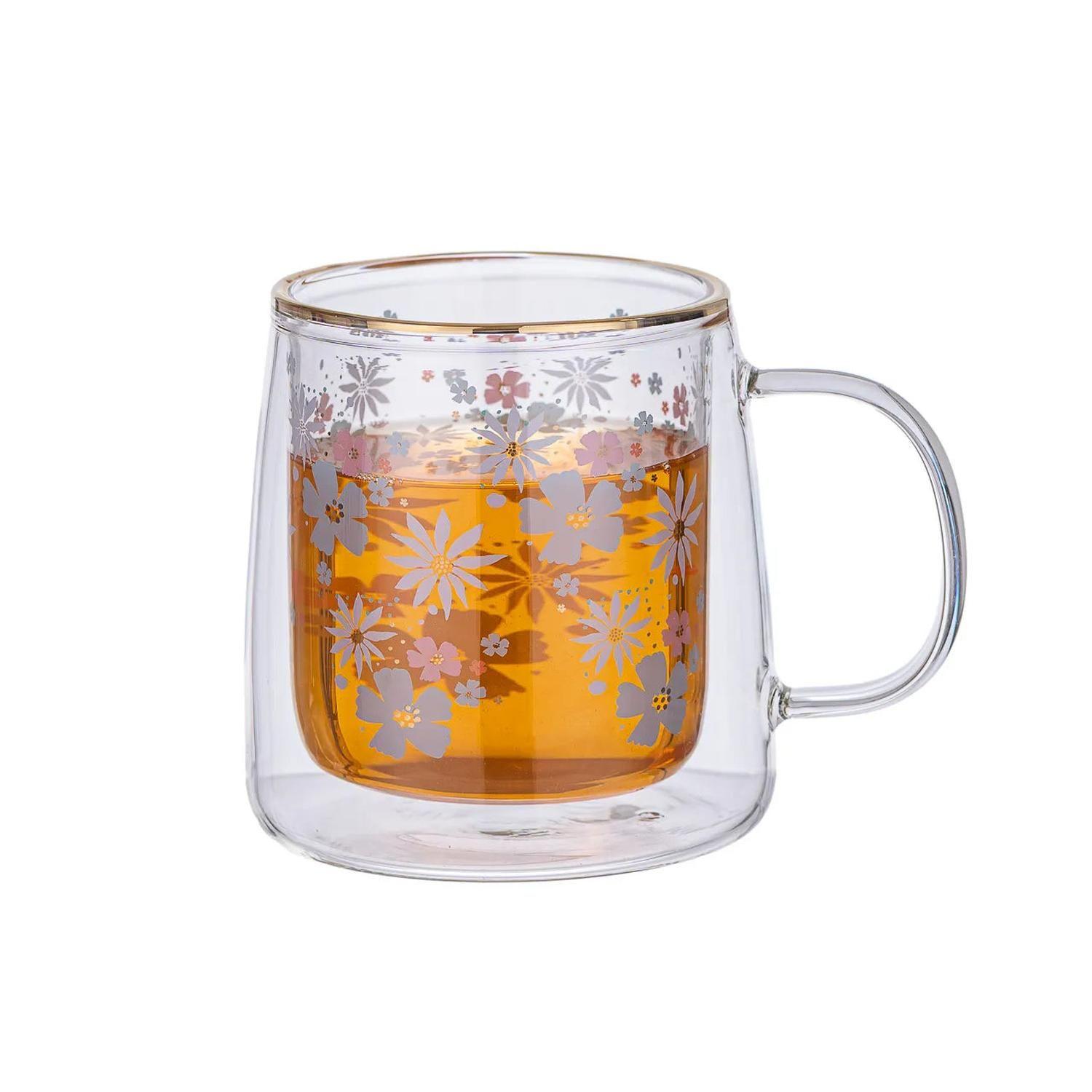 Taza Doble Vidrio Green and Pink Flowers 250 ml-1