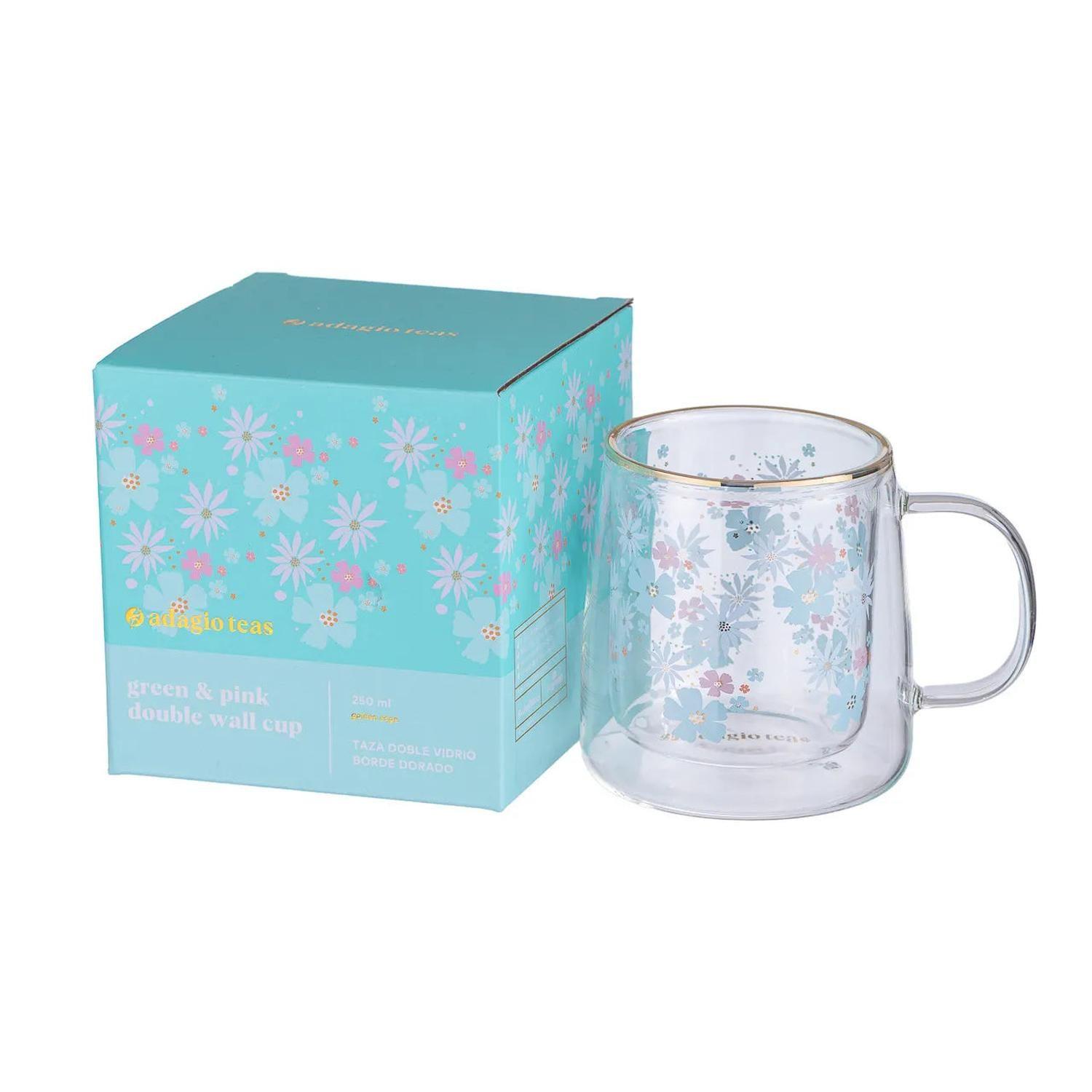 Taza Doble Vidrio Green and Pink Flowers 250 ml-2
