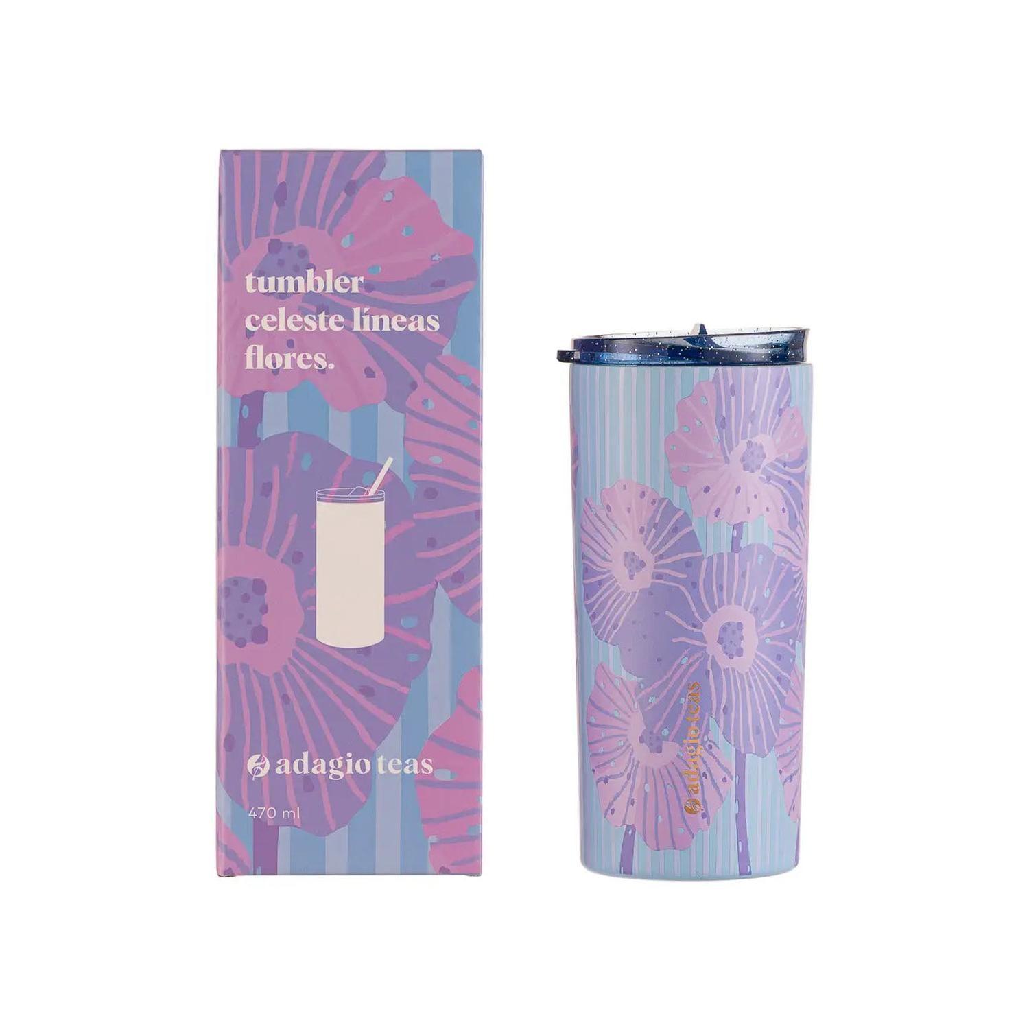 Tumbler Celeste Líneas Flores 470 ml-1