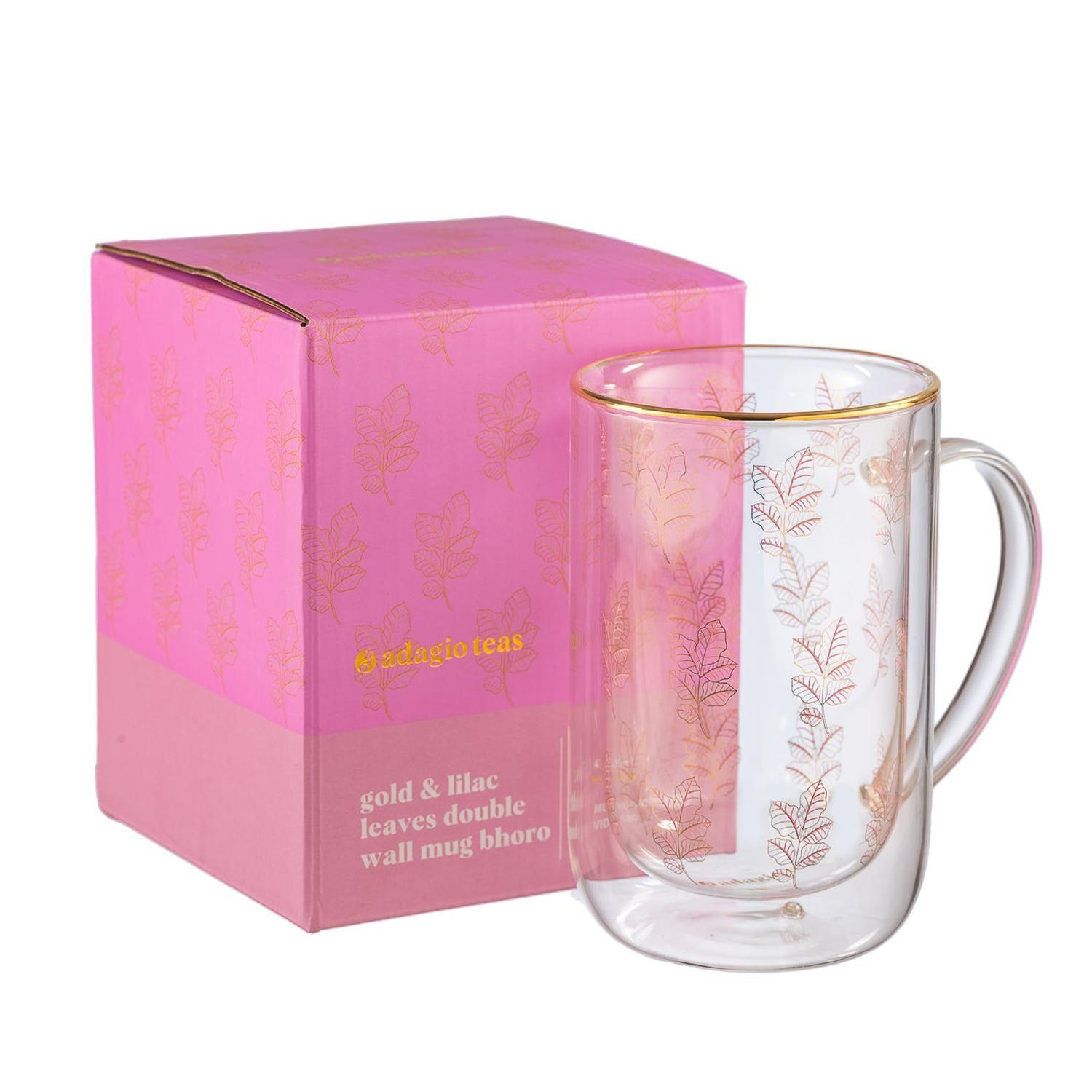 Mug Bhoro Doble Vidrio Gold & Lilac Leaves 470 ml-2