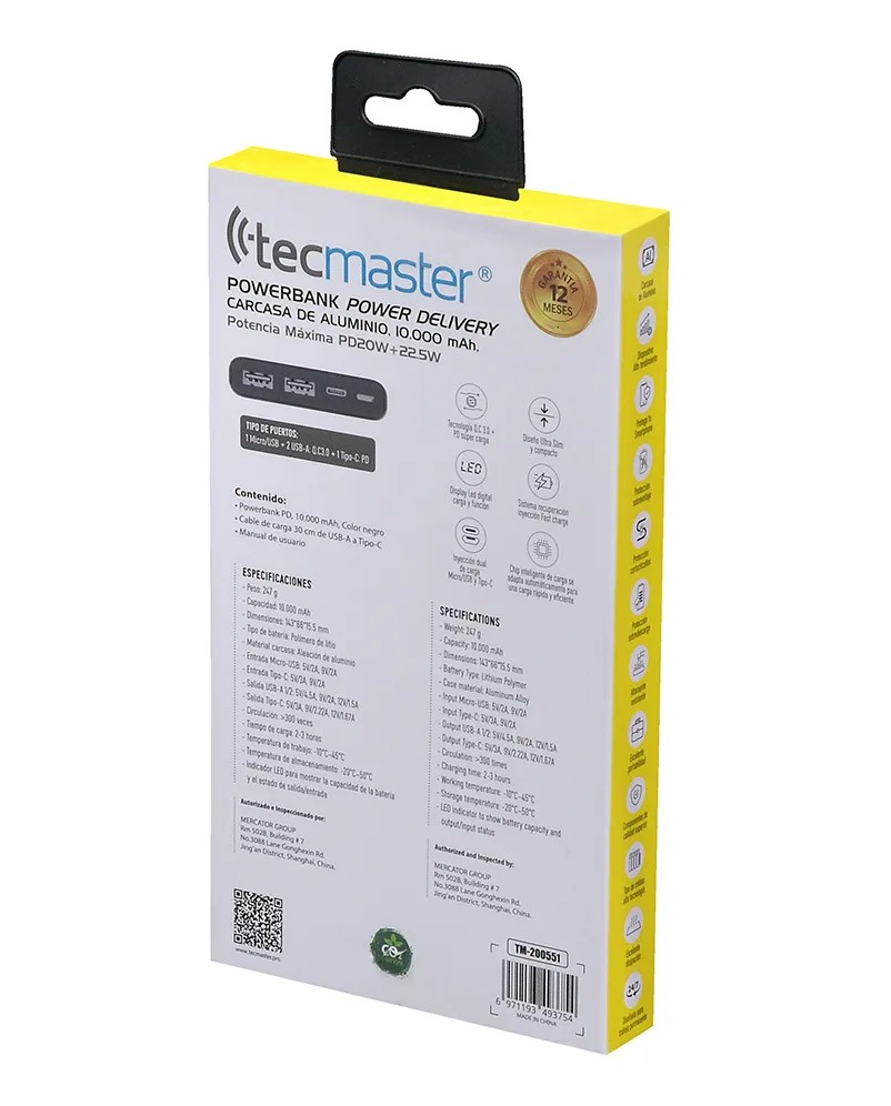 Powerbank 10000mah Slim De Aluminio Tecmaster 22.5w Pd20w Negro-4