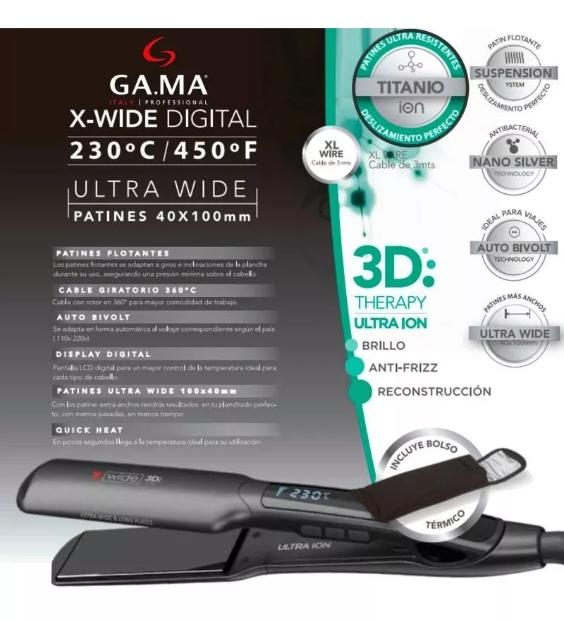 Plancha De Cabello Gama Italy X-wide Digital 3d Titanio-3