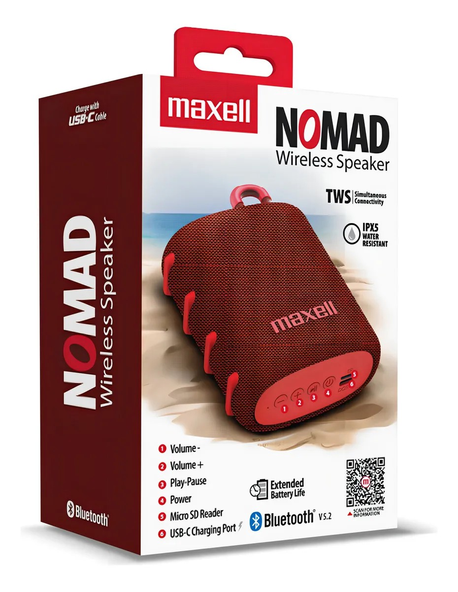 Parlante Bluetooth Portátil Maxell Nomad Tws 15 Hr Ipx5 Rojo-3
