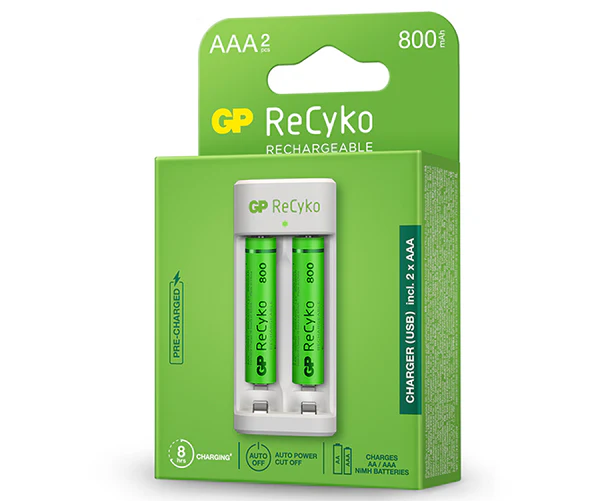 kit Cargador Usb Con 2 Pilas Aaa Recargables Gp Recyko 800mah-2