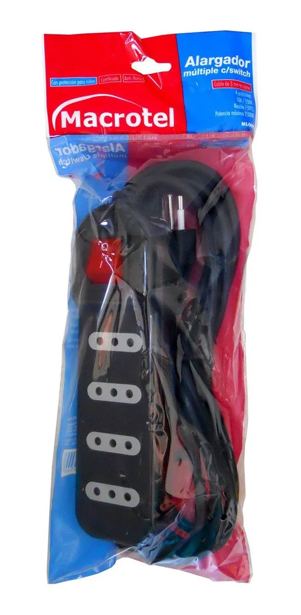 Alargador Zapatilla Macrotel 4 Posiciones 3 Mts Certificada Negro-3