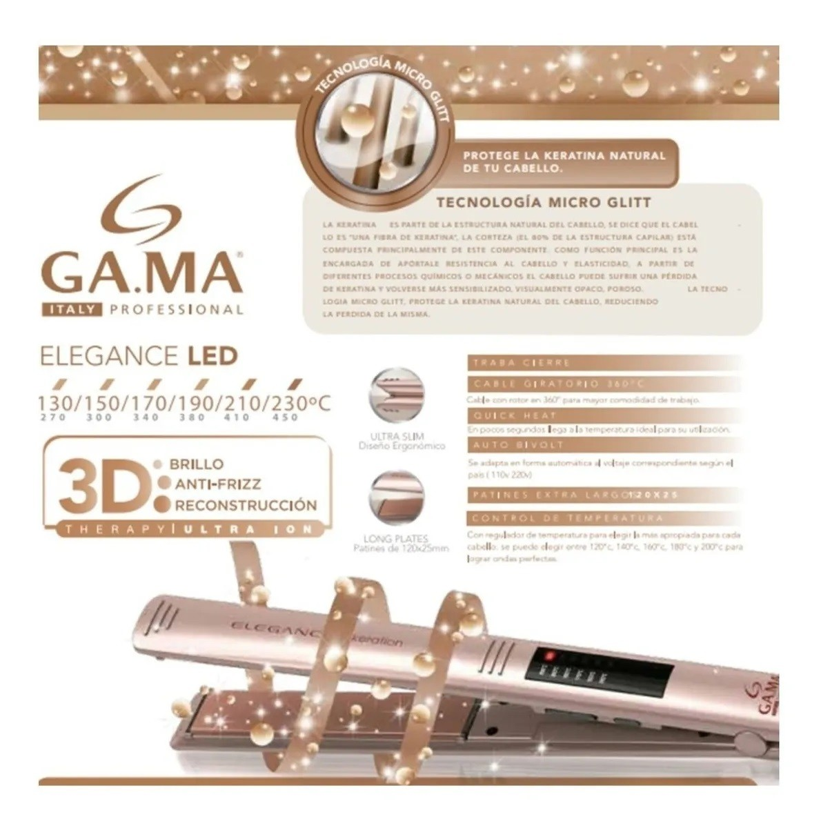 Plancha De Cabello Gama Italy Elegance Led Keration Rose-5