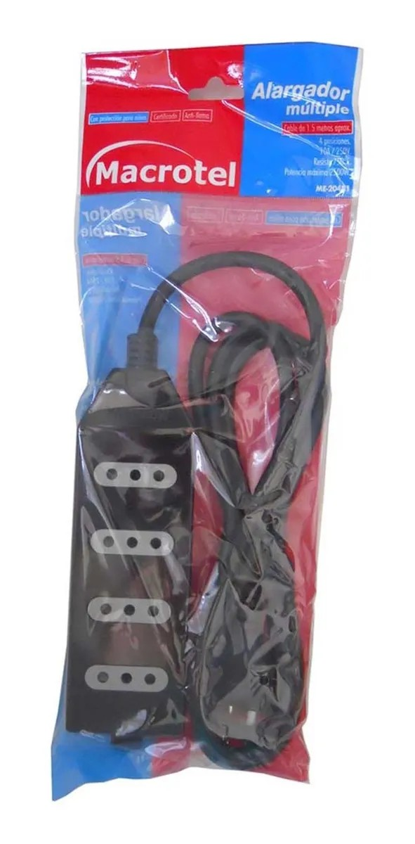 Alargador Zapatilla 4 Tomas 1.5 Mts Macrotel Certificado Negro-3