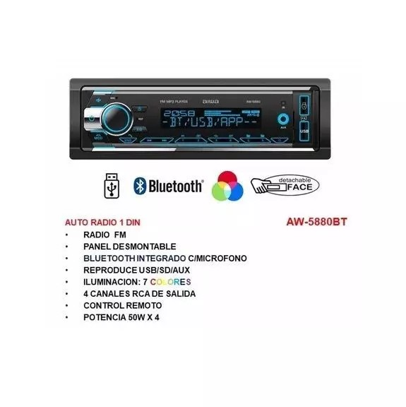 Radio Auto 1 Din Bluetooth Usb X2 Radio Fm Aiwa Aw 5880bt-5