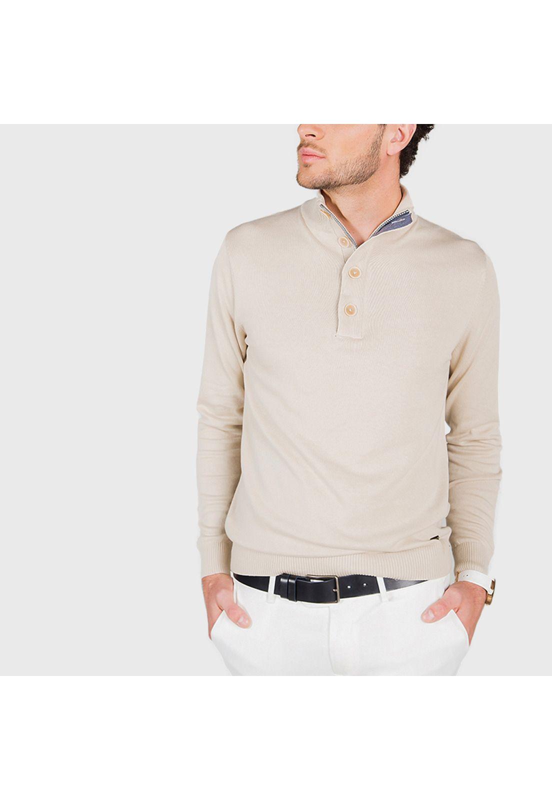 Sweater Casual Half Button Beige-1