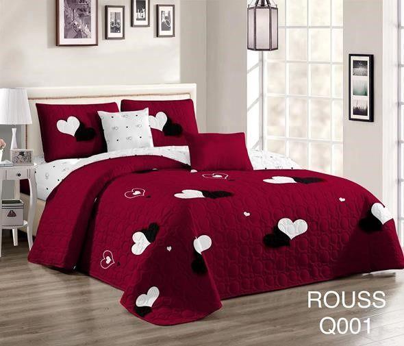 Cobertor de verano tipo quilt tamaño 2 Plazas Rojo y Blanco con Corazones blancos y negros-0