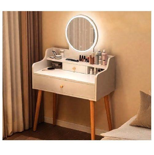 Tocador de Madera con Espejo y Luz Led - Moderna Peinadora Color Blanco-2