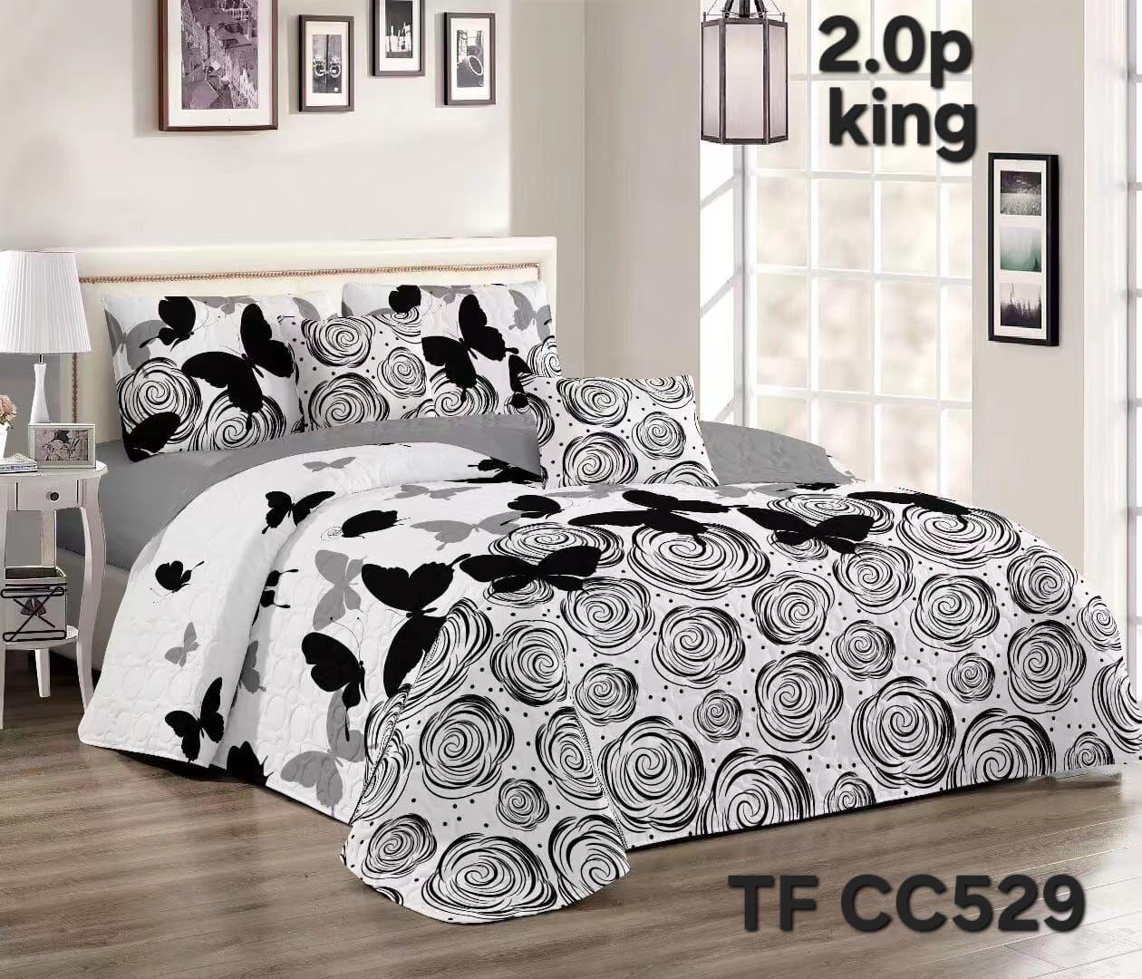 Cobertor de verano tipo quilt tamaño 2 Plazas Blanco y Negro con mariposas y rosas -0