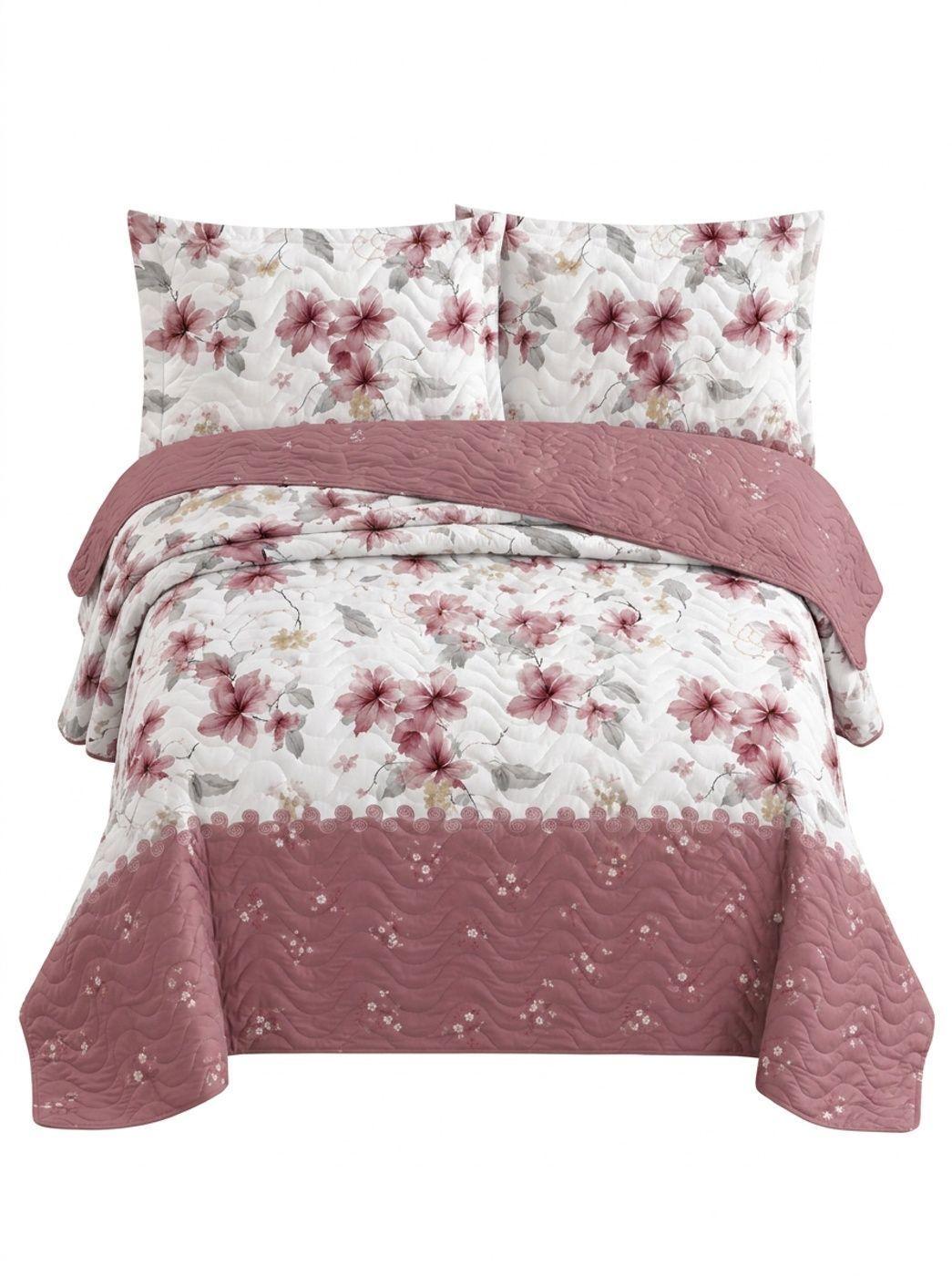 Cobertor de Verano 2 plazas - Cubrecama Quilt Flores Palo Rosa y Blanco-0