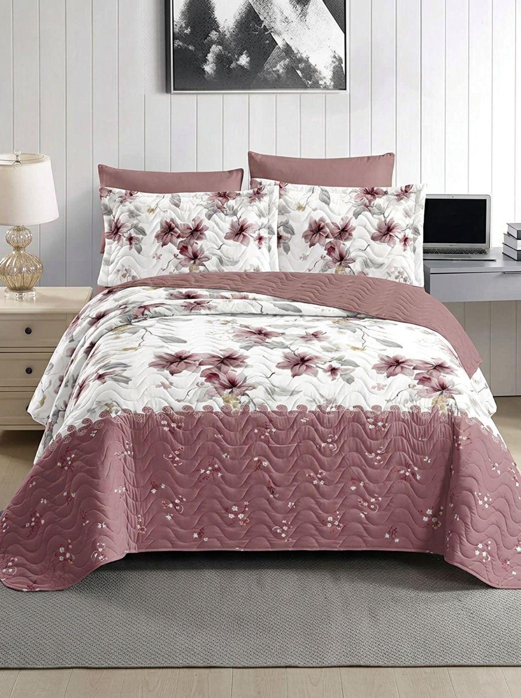 Cobertor de Verano 2 plazas - Cubrecama Quilt Flores Palo Rosa y Blanco-2