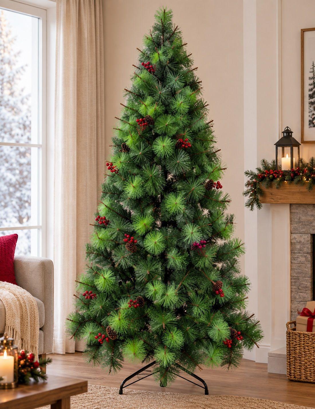 Arbol de Navidad Artificial con Piñas y Guindas - Pino Verde 210cm-0