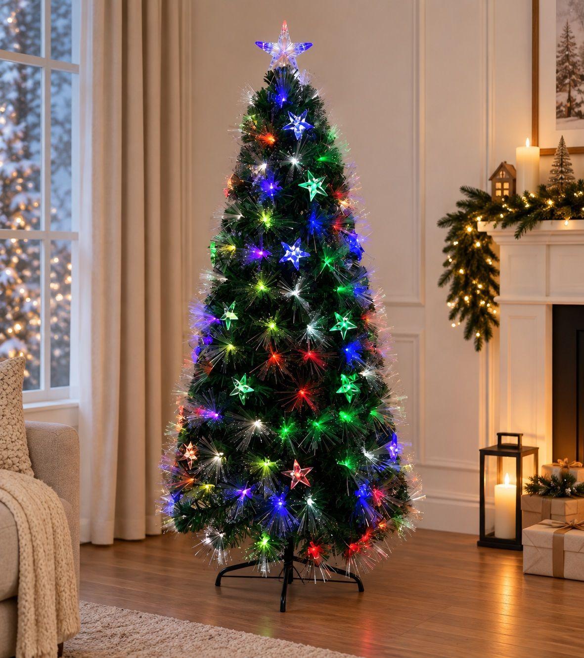 Arbol de Navidad Artificial con Estrellas y Luz LED de Fibra 150cm-0