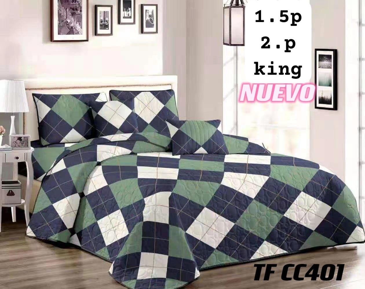 Cobertor de verano tipo quilt tamaño 2 Plazas Diseño Cuadros Azul  Beige y Verde-0