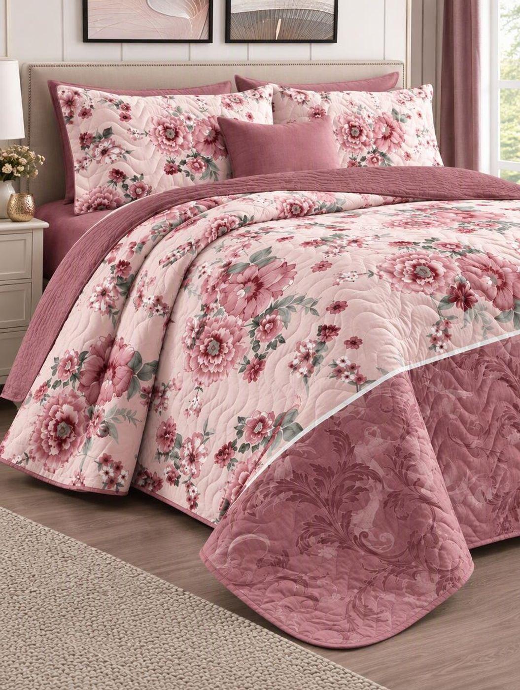 Cobertor de Verano 2 plazas con Fundas - Cubrecama de Flores Palo Rosa-1