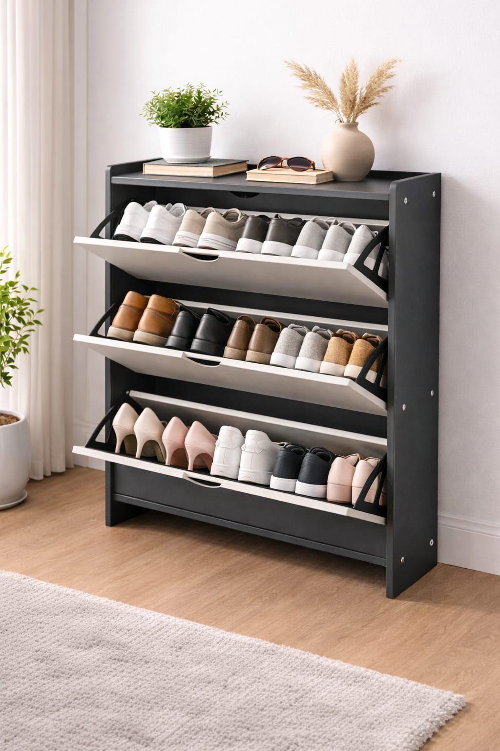Zapatero Mueble Organizador de Zapatos para Entrada o Dormitorio Color Gris y Blanco-1
