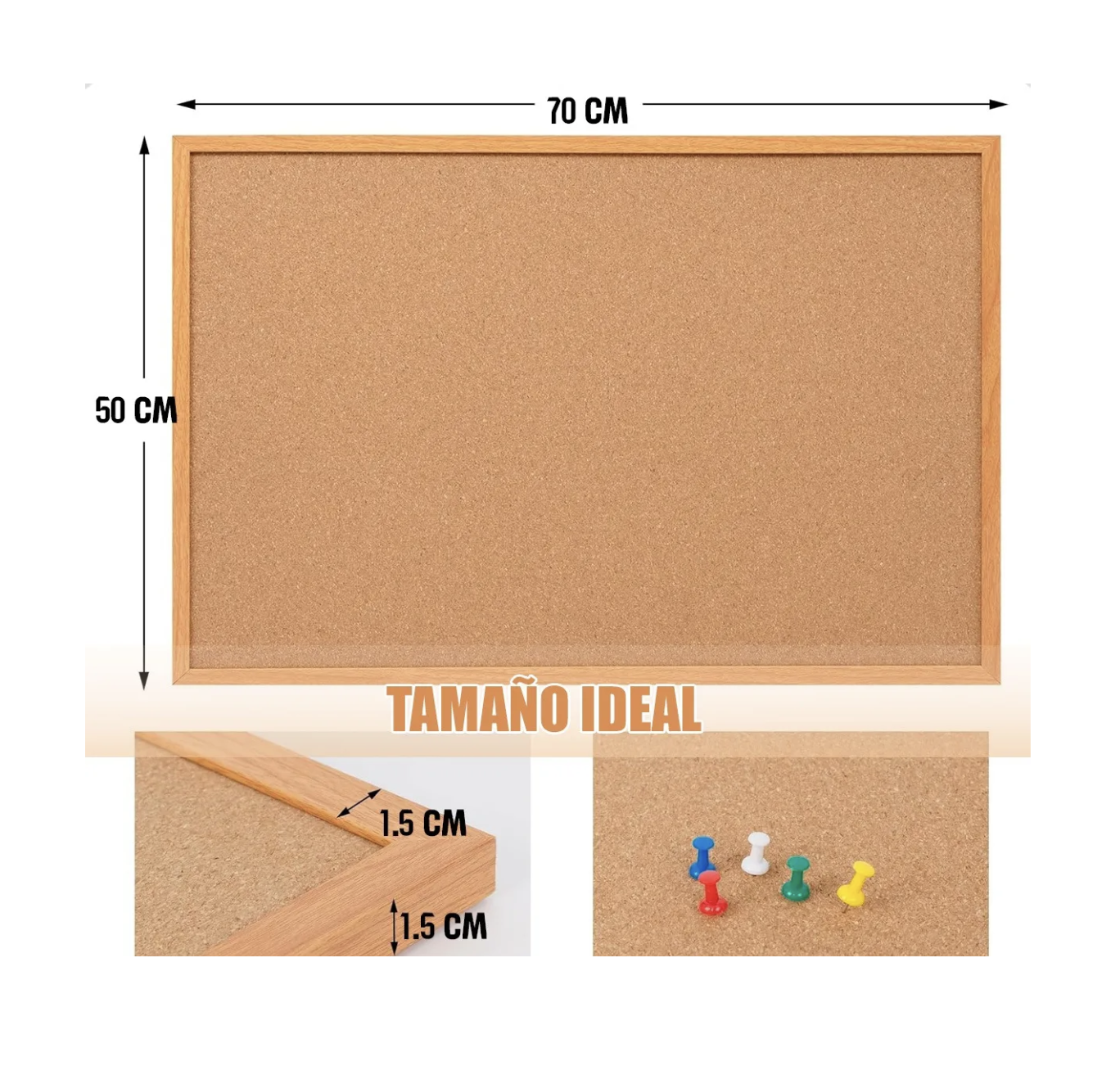 Pizarra Corcho 50 X 70 Borde Madera Resistente + Fijadores-3