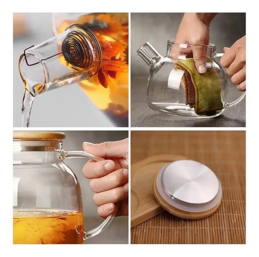 Tetera Hervidor De Vidrio Con Colador Tapa De Bamb 1 L Transparente-3