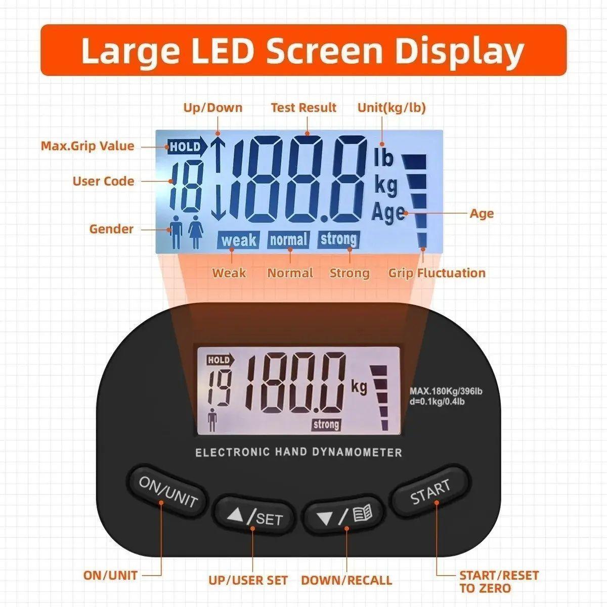 Dinamómetro Digital de Mano 120 kg Pantalla LCD Medición Fuerza de Agarre Negro-4