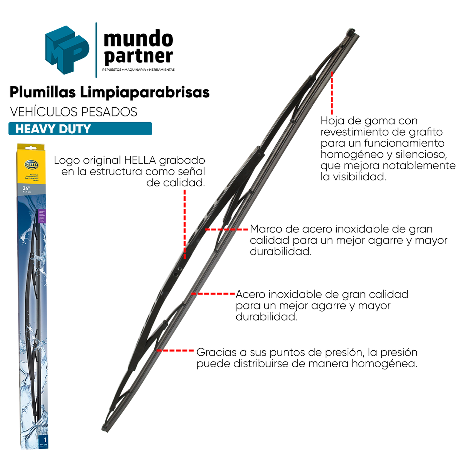 Plumilla Hella Heavy Duty 40 Pulgadas 101,6 Cm Con Adaptadores-2