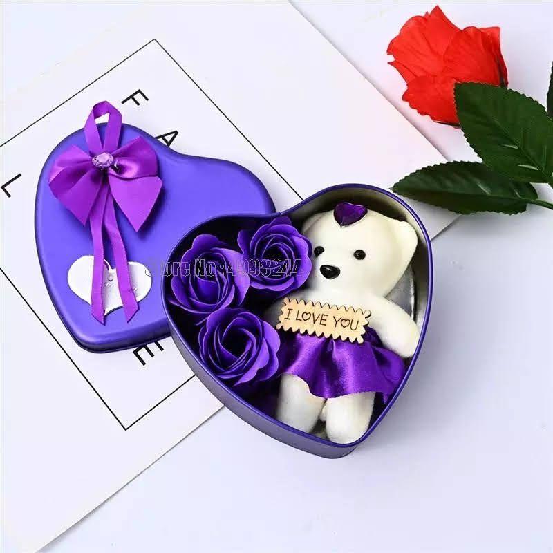 Peluche De Osito Con Rosas Aromaticas Caja Metalica Corazon-3