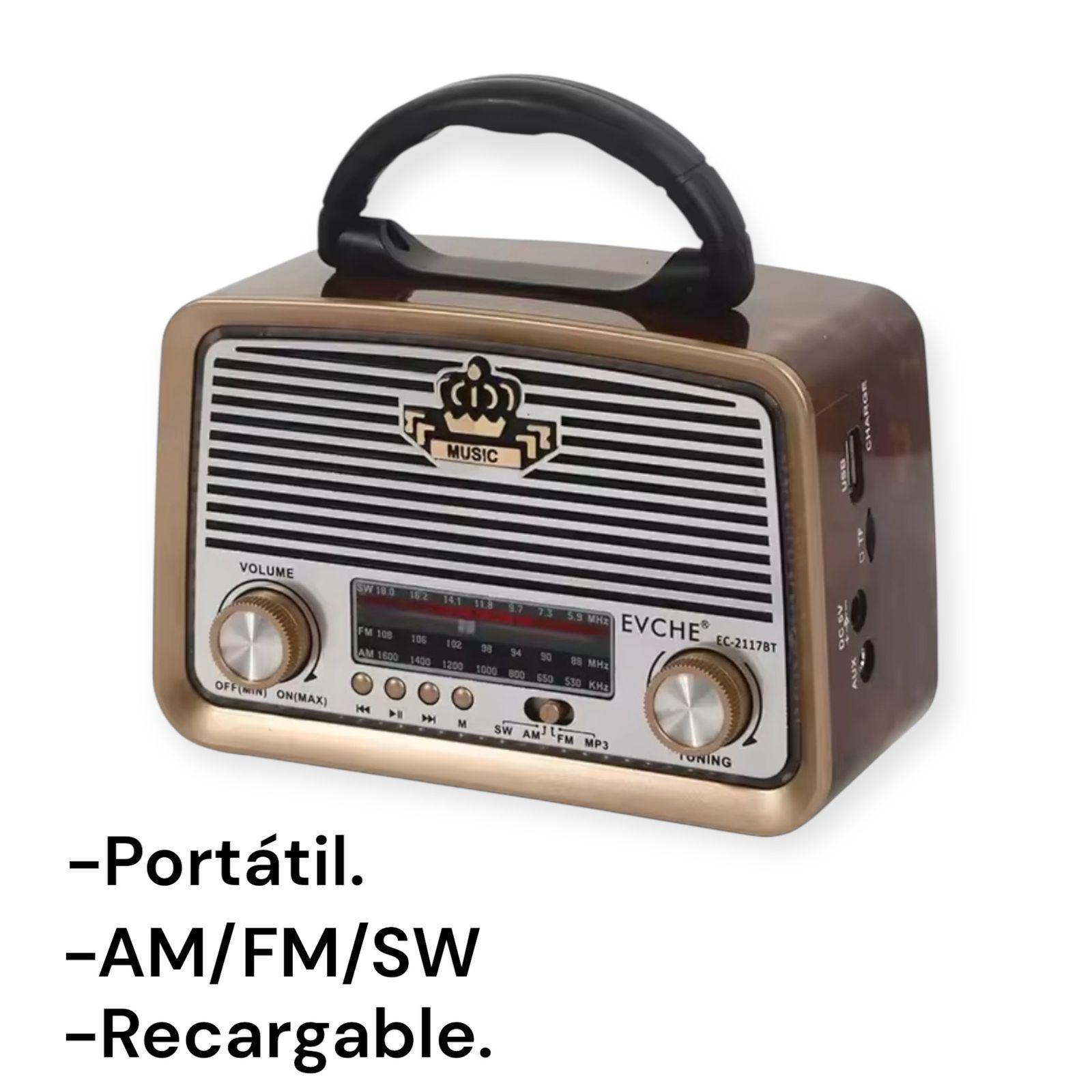 Radio Portatil Vintage Am/fm Mp3 Recargable 3 Bandas Usb Marrón-3