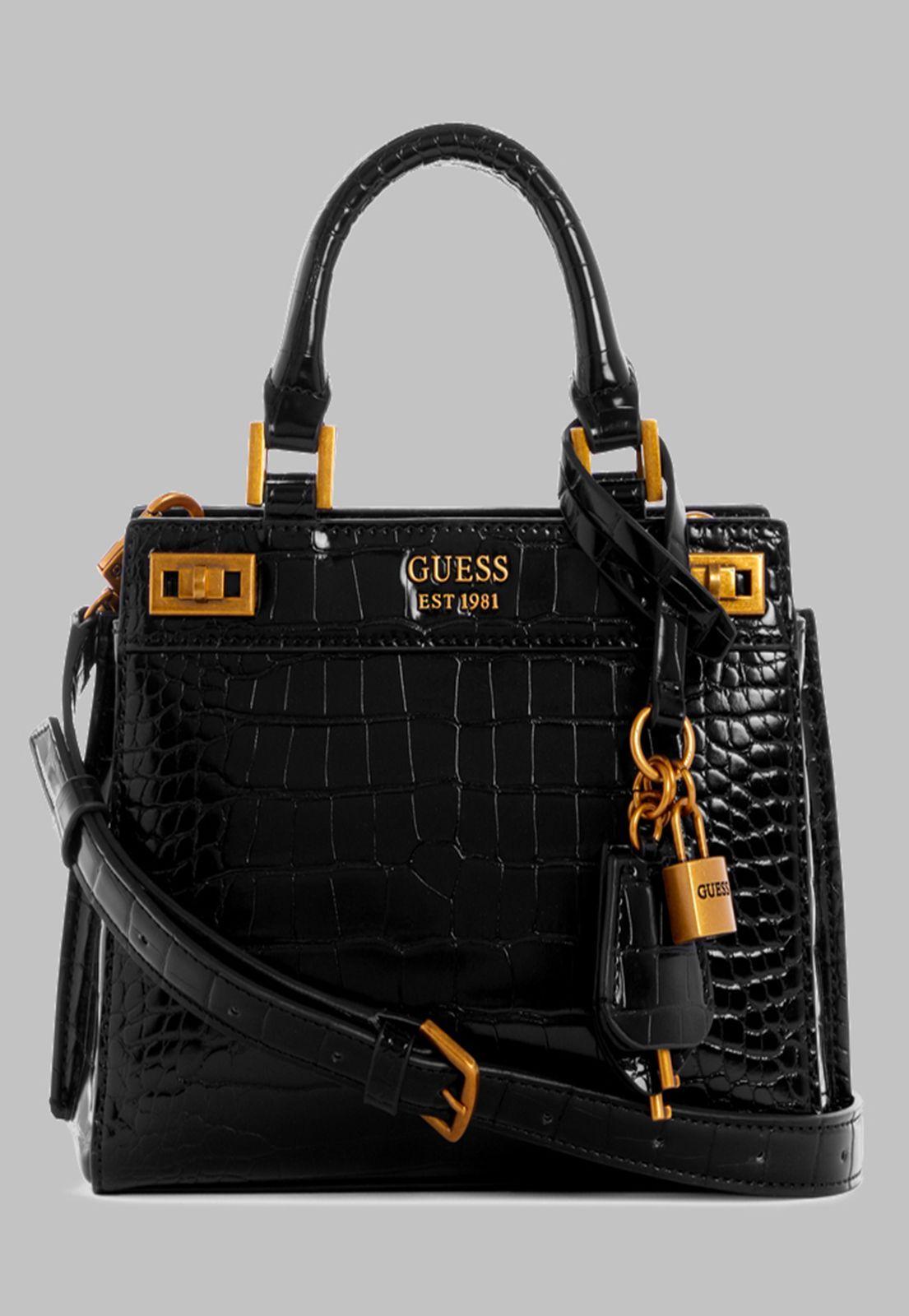 Mini Cartera Guess Katey Croc Mini Satchel Bla Negro-0